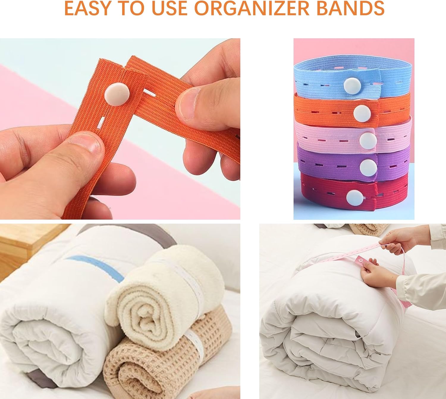100Pcs 32CM Elastic Band with Button holes, Adjustable Roll-up Clothes Storage Band for Travel Luggage Space Saver, Drawer and Closet Organizer, mixed Colors