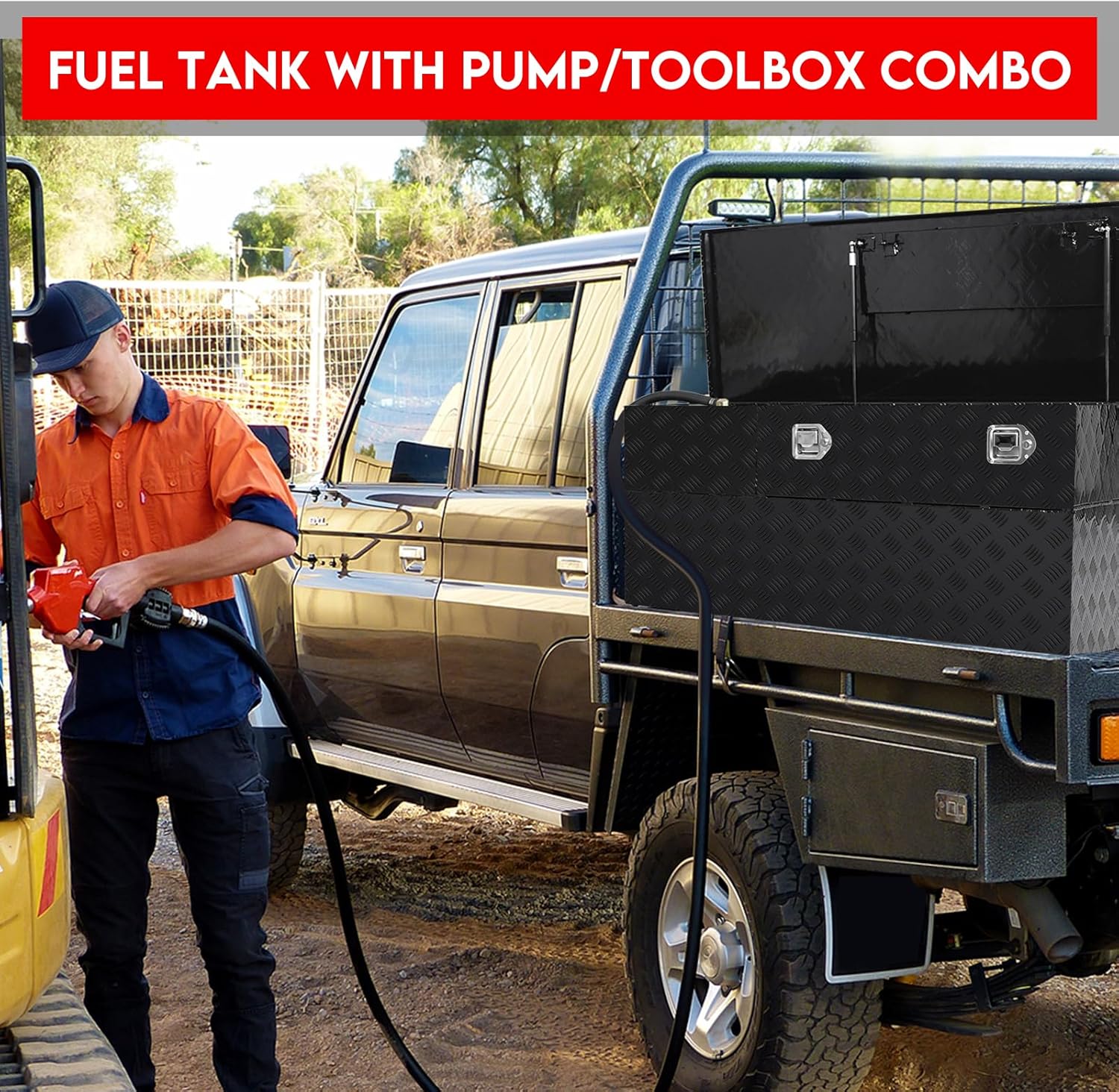 Fuel Transfer/Auxiliary Tank/Toolbox Combo with 10 GPM Pump, Auto Fueling Nozzle, 13FT Hose, 51 Gallon, Black
