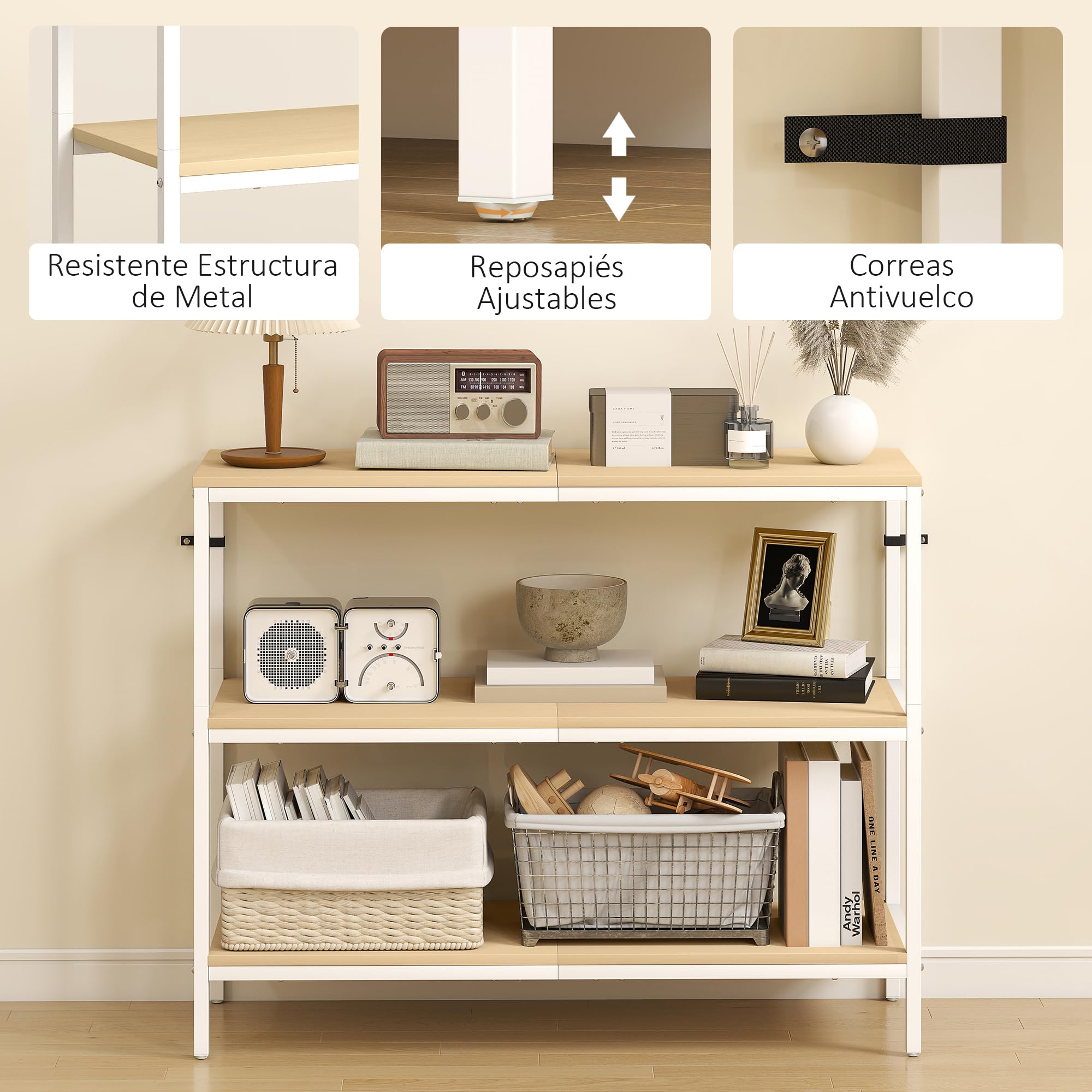 HOMCOM Mesa de Consola Estrecha Moderna 101x35x80 cm Natural y Blanco | Consola de Recibidor, Mesa de Recibidor, 3 Estantes Abiertos, Patas de Metal, Pasillo Entrada Salón Dormitorio
