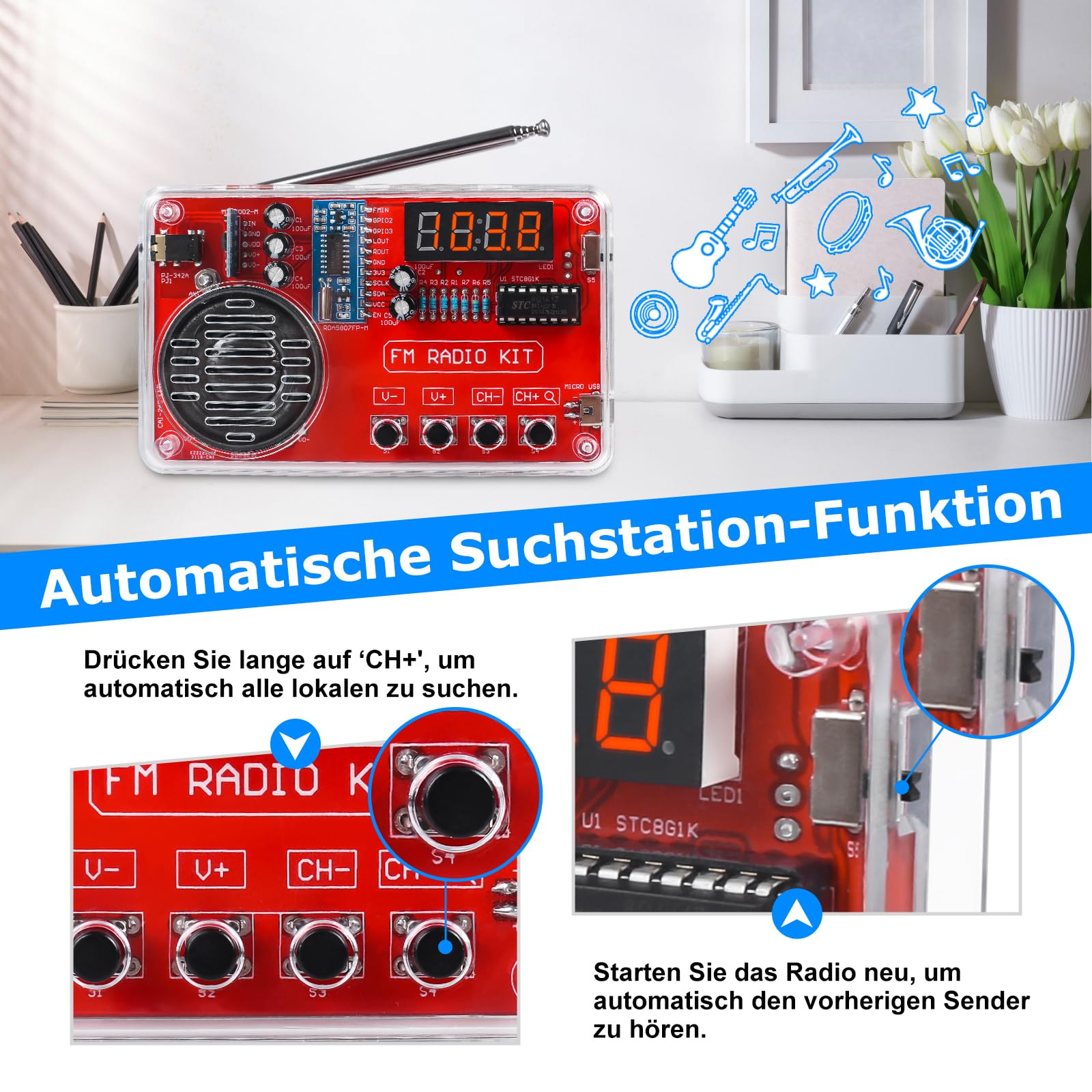 PEMENOL DIY kit Pratique de Soudure Radio avec Casque et écran Numérique USB kit a souder a Monter pour étudiants, éducation et Bricolage, Un Cadeau pour Papa