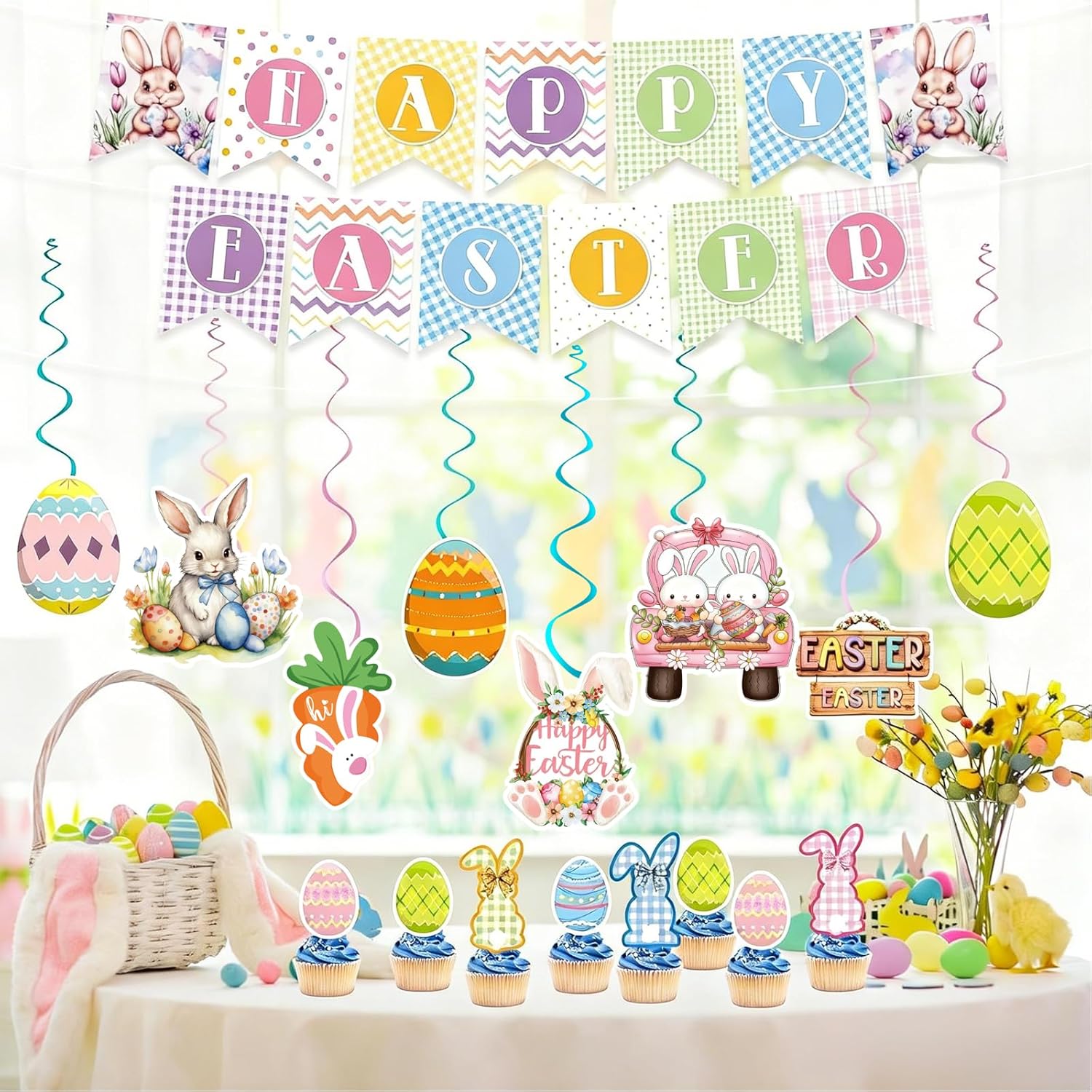 Easter Decorations Set, Happy Easter Banner, Hanging Swirls, Cake Toppers, Honeycomb Decorations for Table, Easter Party Supplies Kit for Spring Party Home Classroom Office Hanging Decoration