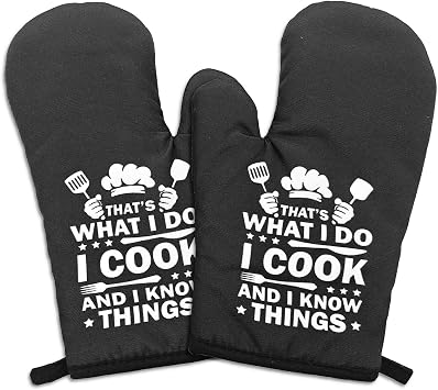 2 Pcs Funny Oven Mitts That's What I Do I Cook and I Know Things Heat Resistant Mitts Adult Humor Silicone Non-Slip Oven Mitts for Kitchen Decor Sweet Housewarming Gifts for Hostess Friend