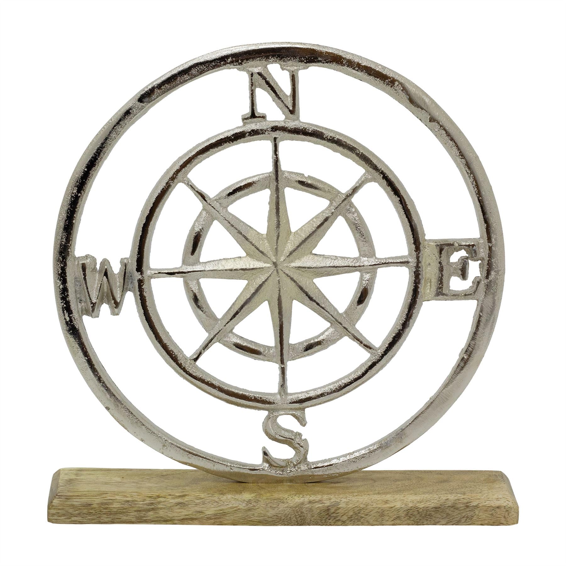 Carousel Home Silver Nautical Compass Rose Ornament On Mango Wood Base, 26Cm Metal Compass Decoration Coastal Beach Home Decor Display