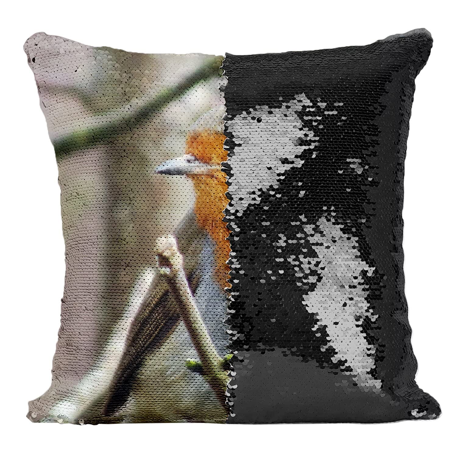 Rouge-gorge sur une branche coussin sequin noir decoration salon moderne