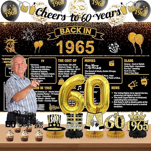 Decoraciones de cumpleaños número 60 para hombres y mujeres, decoraciones vintage de cumpleaños de 60 años con fondo en la parte posterior de 1965,