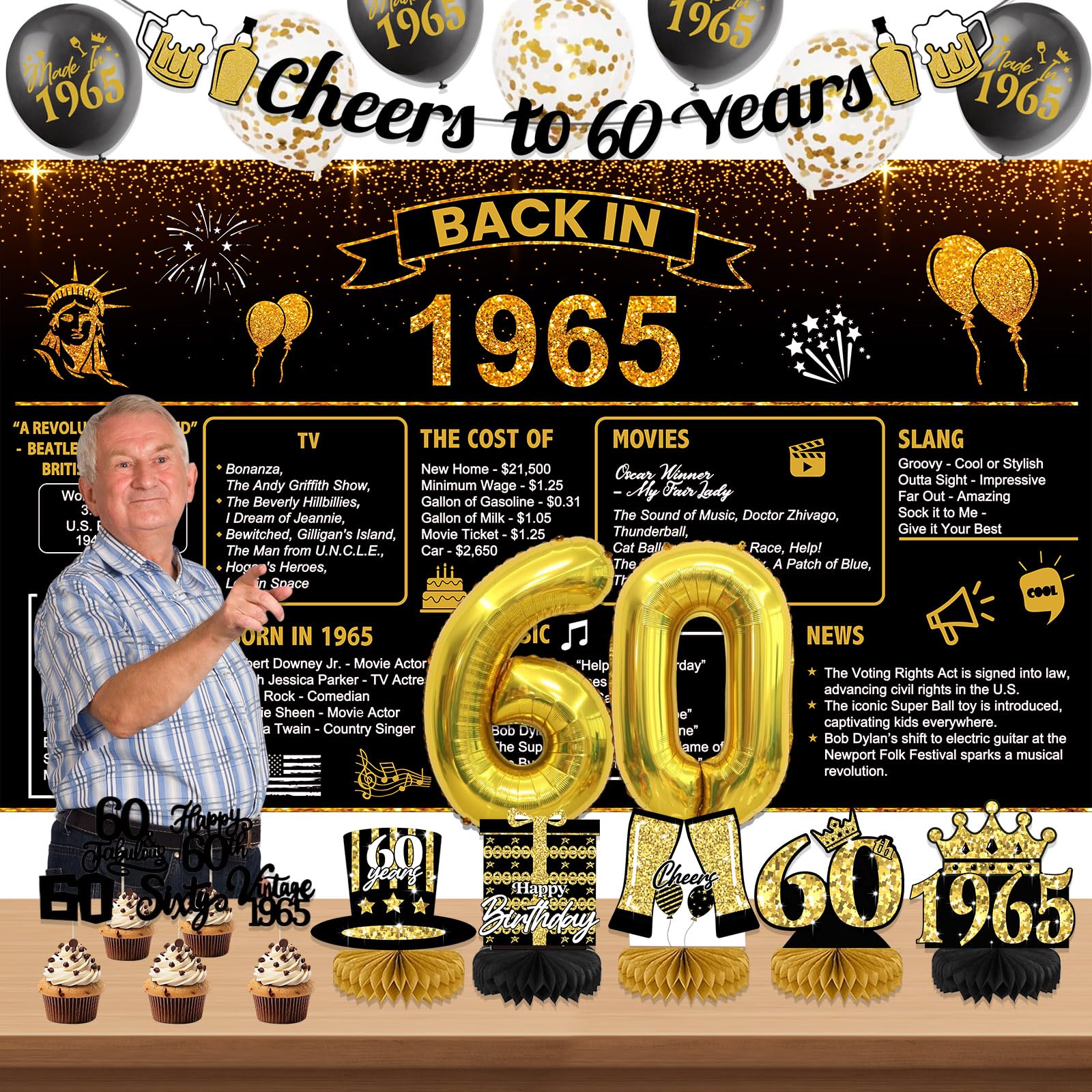 60th Birthday Decorations for Men Women,Vintage 60 Years Old Birthday Decorations with Back in 1965 Backdrop Happy 60th Birthday decoration