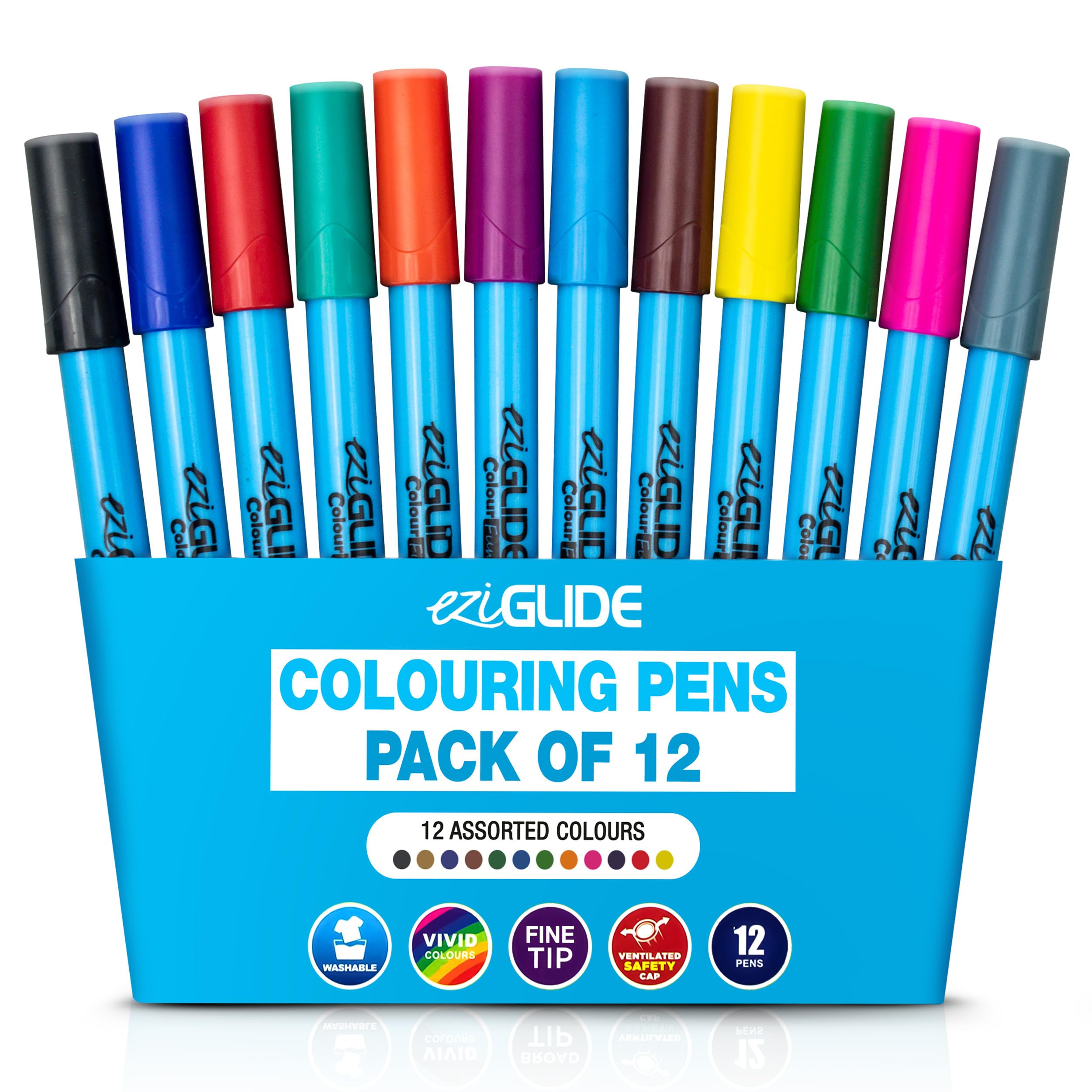 Eziglide Felt Tip Colouring Pens, Assorted Colours Pack of 12 Fine Tip Colouring Pens, Fibre nib felt tips in 12 Bright colour pens for paper & card, Ideal for School, Work & Home