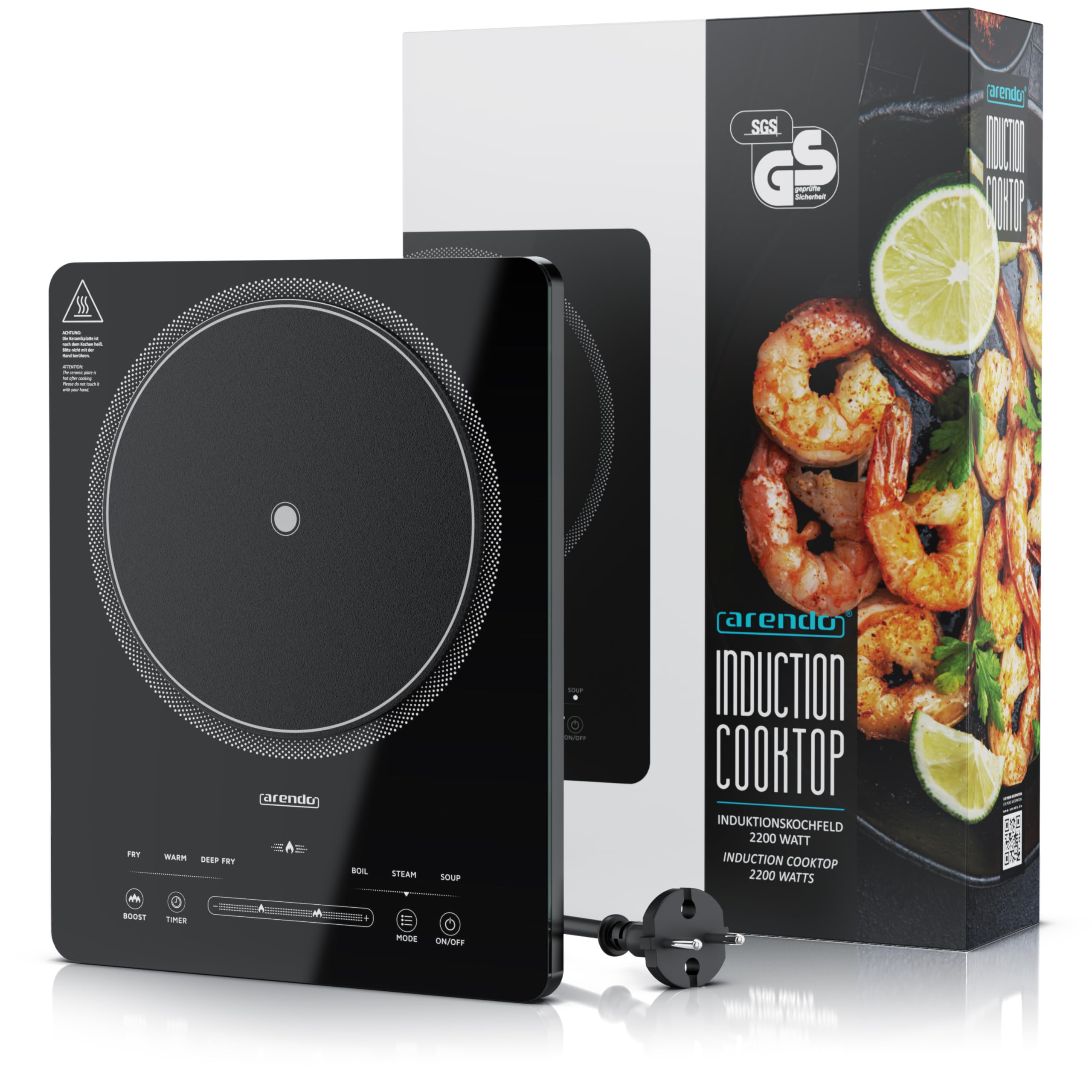 Arendo - Kochplatte Induktion 2200 Watt - Induktionskochplatte - 9 Leistungsstufen - 120-2200 W - mobil - 1 Induktionskochfeld - Sensor Touch Bedienfeld - Timer - Überhitzungsschutz
