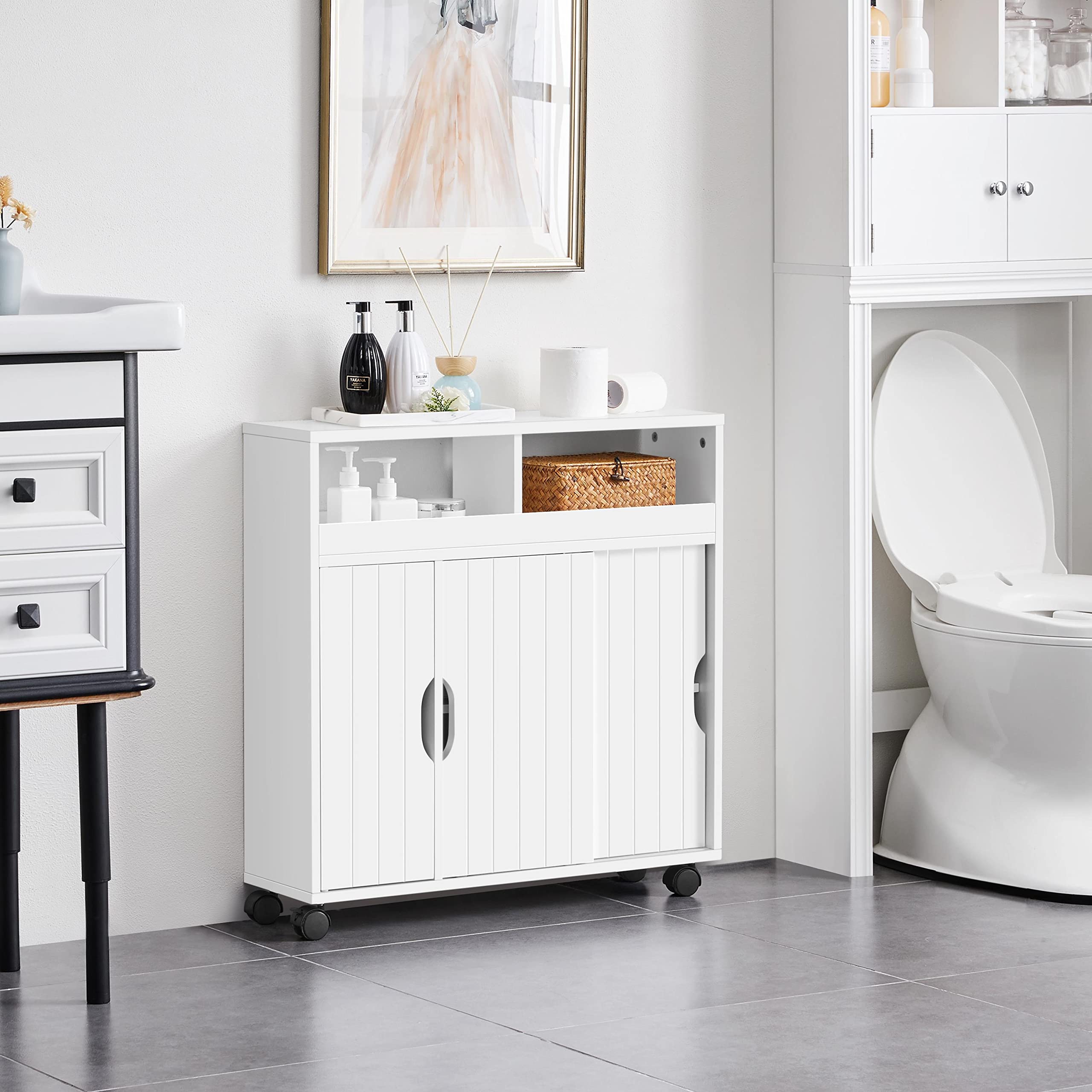 Mobiletto alto per bagno, spazio di archiviazione stretto Mobile con cassetto, 2 ante e 3 ripiani regolabili, colonna per lavanderia sottile per cucina e soggiorno, bianco
