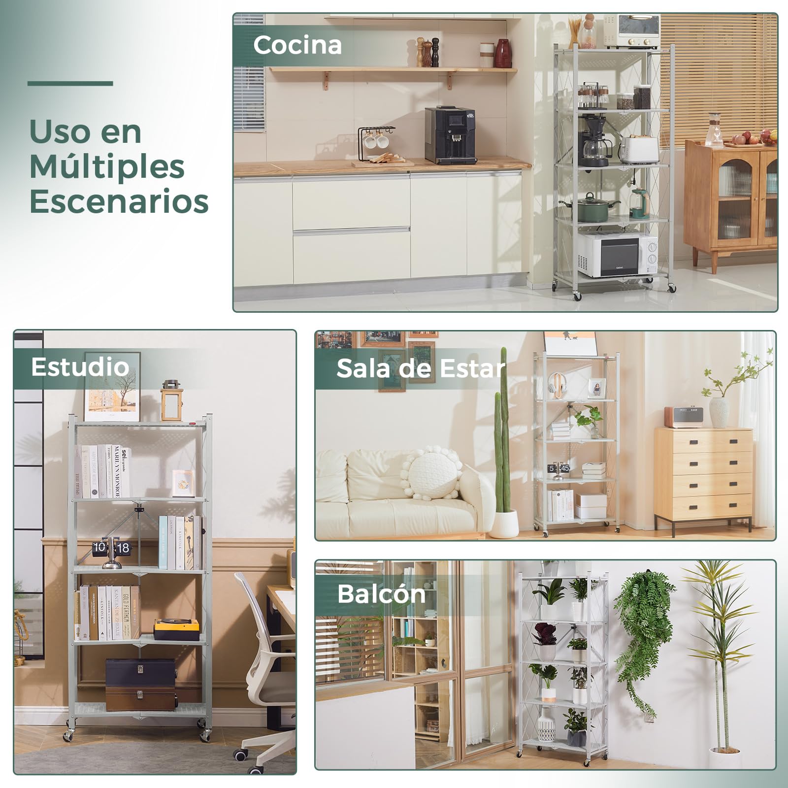 DEANIC Estantes de Almacenamiento Plegables, 5 Niveles de Metal para Almacenamiento, 61 x 147 x 28 cm, estantes esquineros de Cocina con Ruedas, estantes de despensa, estantería para Sala de Estar,