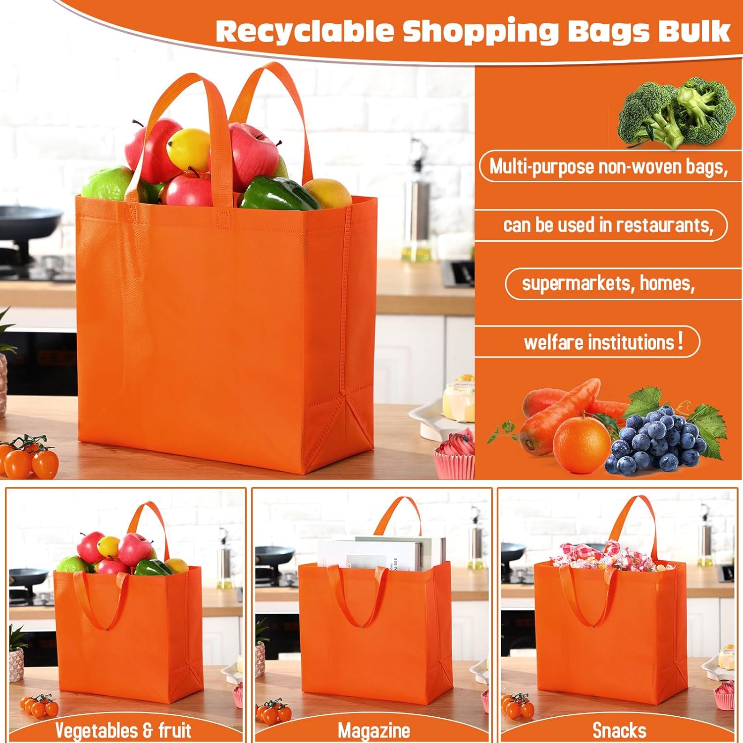 Windyun Reusable Grocery Bags Large Non Woven Shopping Bags with Handles Foldable Portable Tote Bulk, 12.6 x 11.8 x 6.3 Inch