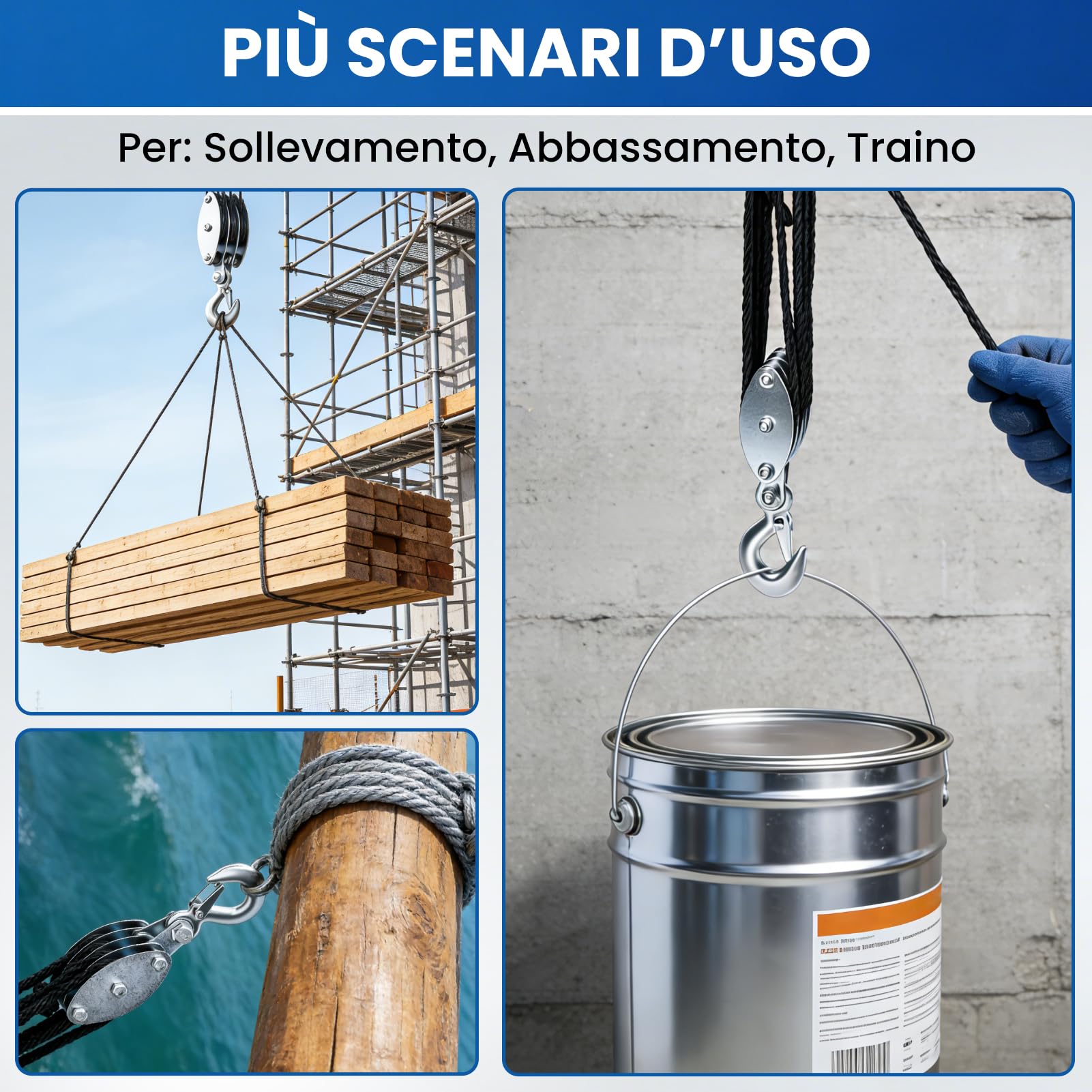Puleggia per carichi pesanti, Carrucola per Sollevamento con polipropilene Corda da 20m, 8:1 rapporto di forza di sollevamento, capacità di carico di 4400 libbre, per garage magazzini