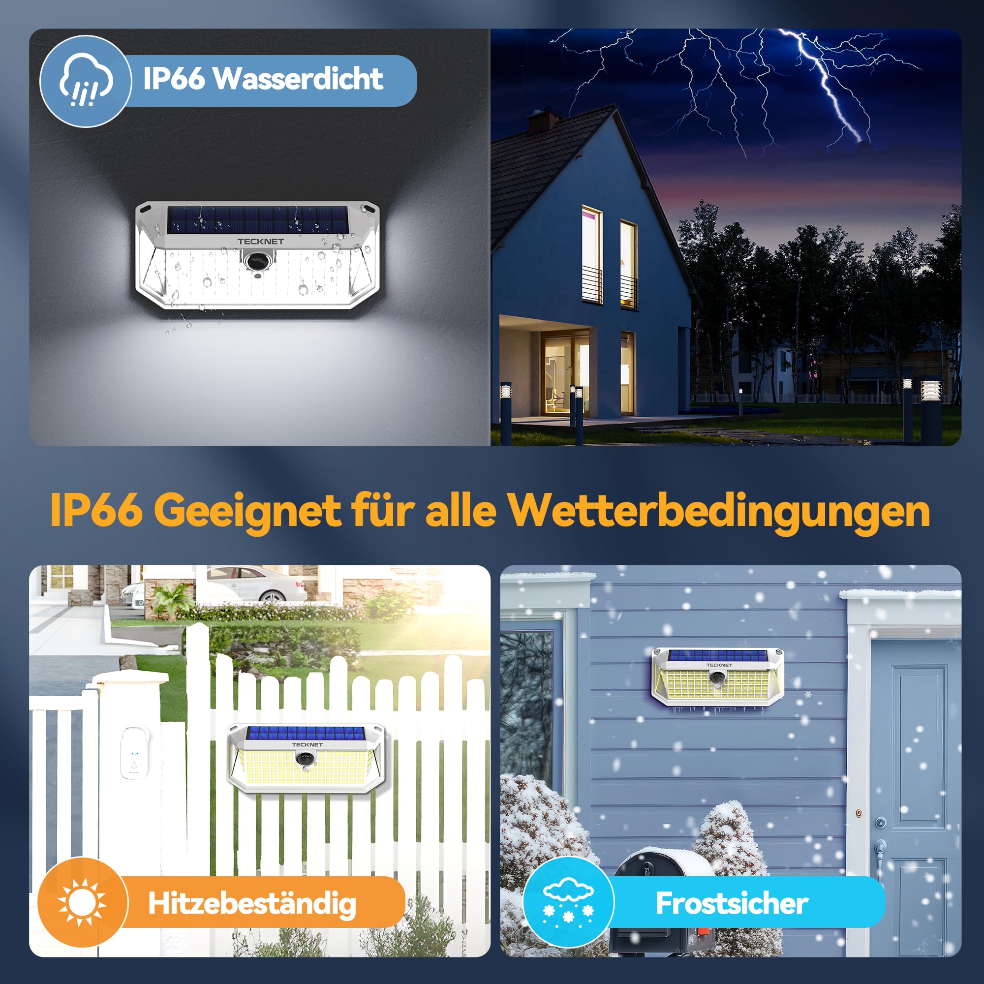 TECKNET Solarlicht für den Außenbereich, 4200 lm, 416 LEDs, für den Außenbereich, solarbetrieben | LED-Solarstrahler mit 300-Grad-Bewegung, 3 Modi, IP66, wasserdicht, für Garten, Garage, Hof, 4 Stück