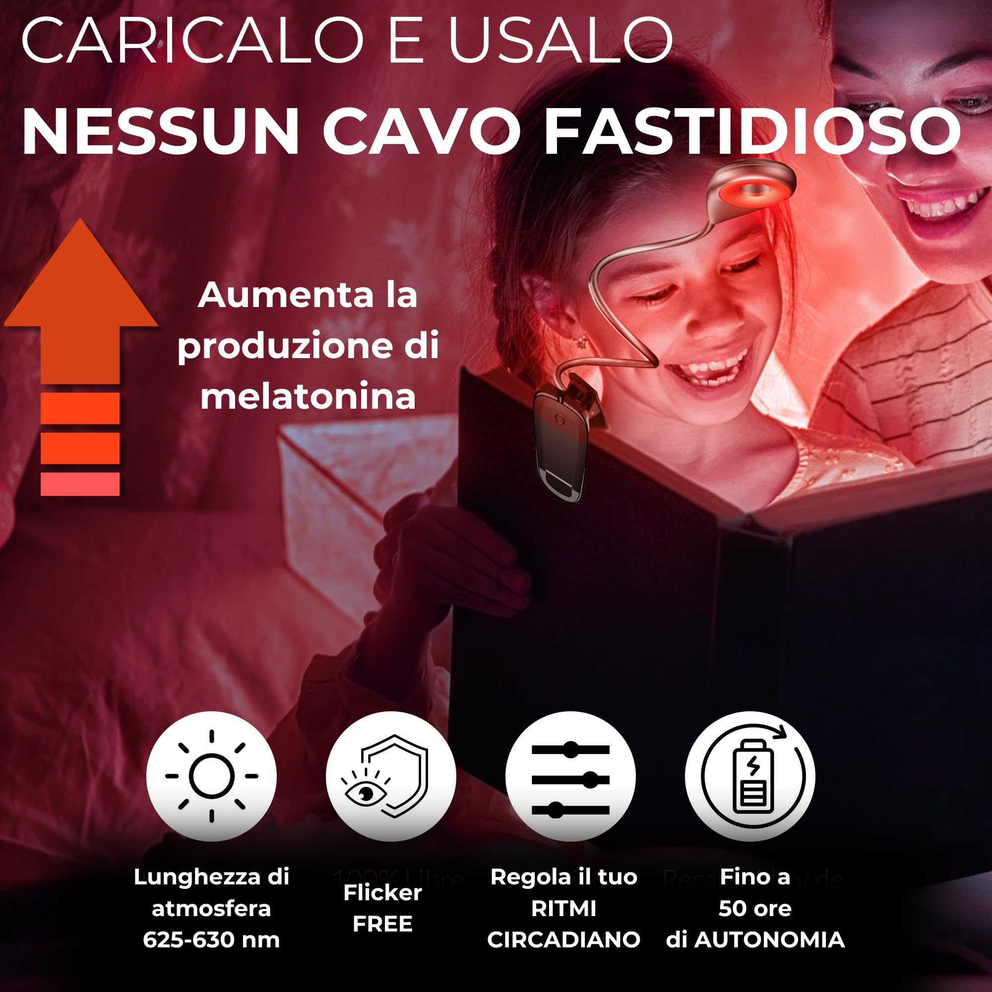 Puremind Lampada Lettura Luce Rossa con Pinza USB Ricaricabile - Senza Luce Blu + Flicker Free - Collo Flessibile 360º + 3 Intensità - Lettura Notturna a Letto + Relax + Studio
