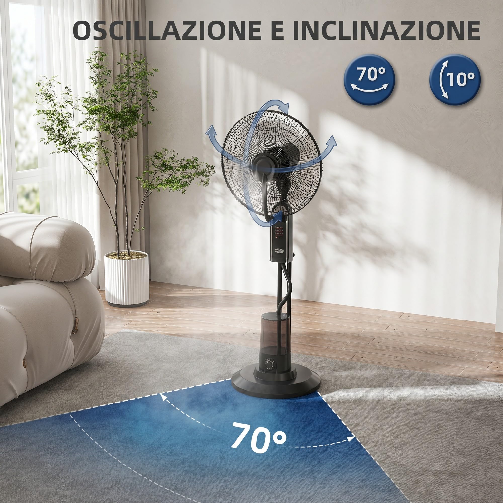 HOMCOM Ventilatore Nebulizzatore 75W con Serbatoio 3.2L, 3 Modalità, 3 Velocità, Ventilatore a Piantana con Oscillazione 75°, Inclinazione 10°, Telecomando, Timer 7.5h, Diametro 44.5cm
