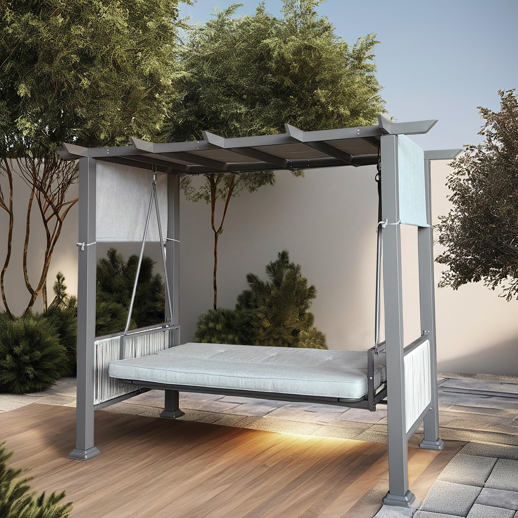 Invezo Premium Outdoor Pergola Swing Bed – Luxury 3 Seater Patio Jhula with Canopy, Convertible Daybed, Heavy Duty Metal Frame & Cushioned Garden Swing for Balcony, Lawn & Terrace (Modern Grey) discount deal