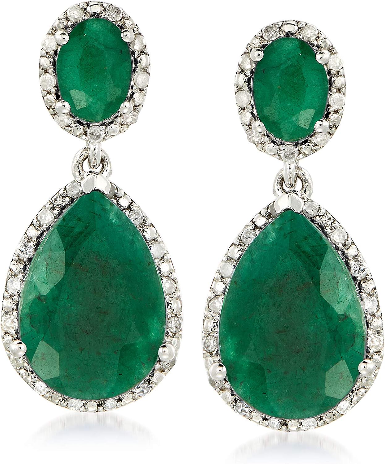 Ross-Simons 10.50 ct. t.w. Emerald and .35 ct. t.w. Diamond Drop Earrings in Sterling Silver