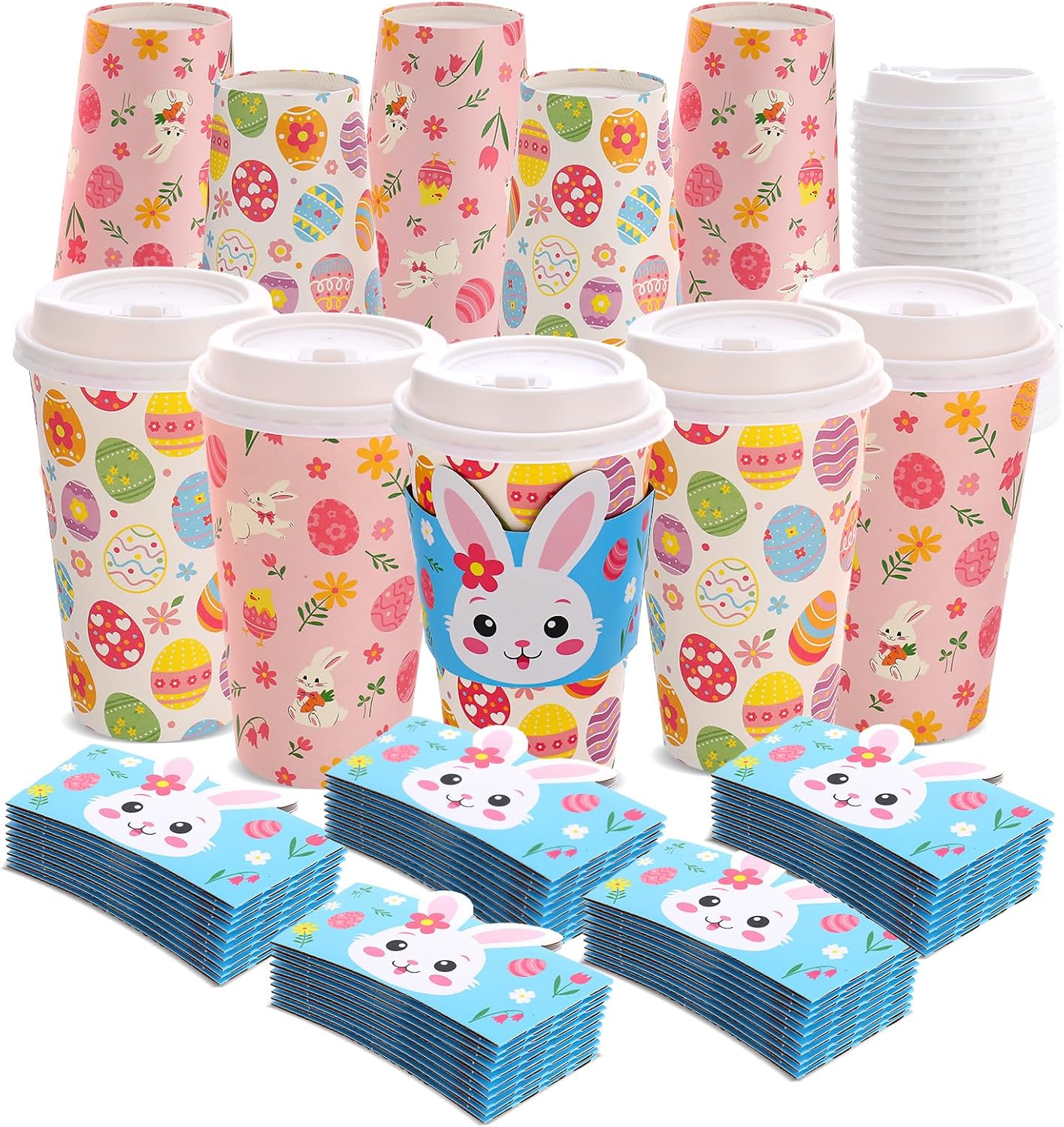 50 pack easter disposable coffee cups 16 oz with lids and sleeves colorful bunny egg paper pastel drinking cups for easter spring party supplies
