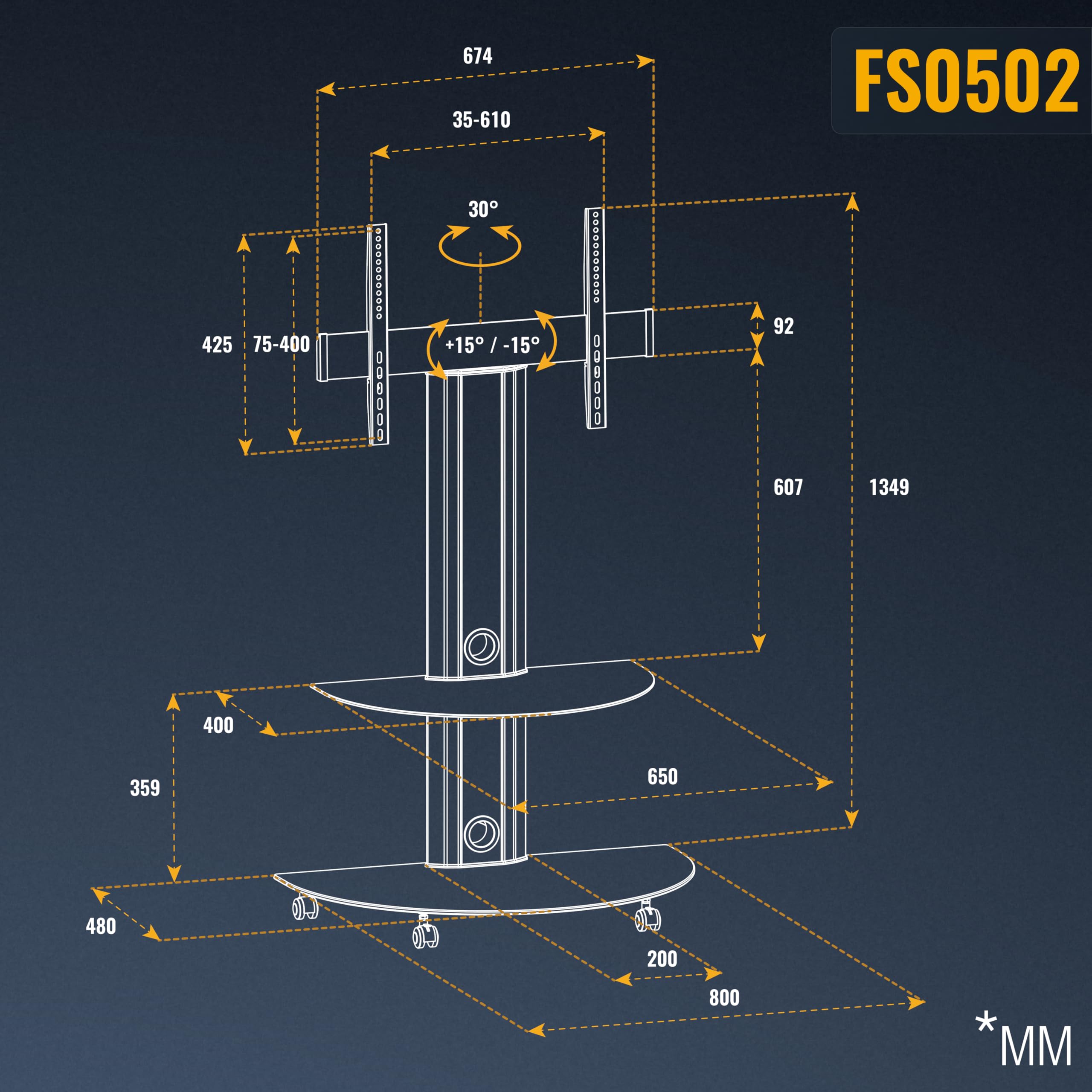 RICOO FS0502 Support TV sur roulettes 30 32 40 42 43 48 50 55 Pouces VESA 200x200 à VESA 400x400 600x400 Mobile Orientable Universel Meuble TV avec Étagère Noir