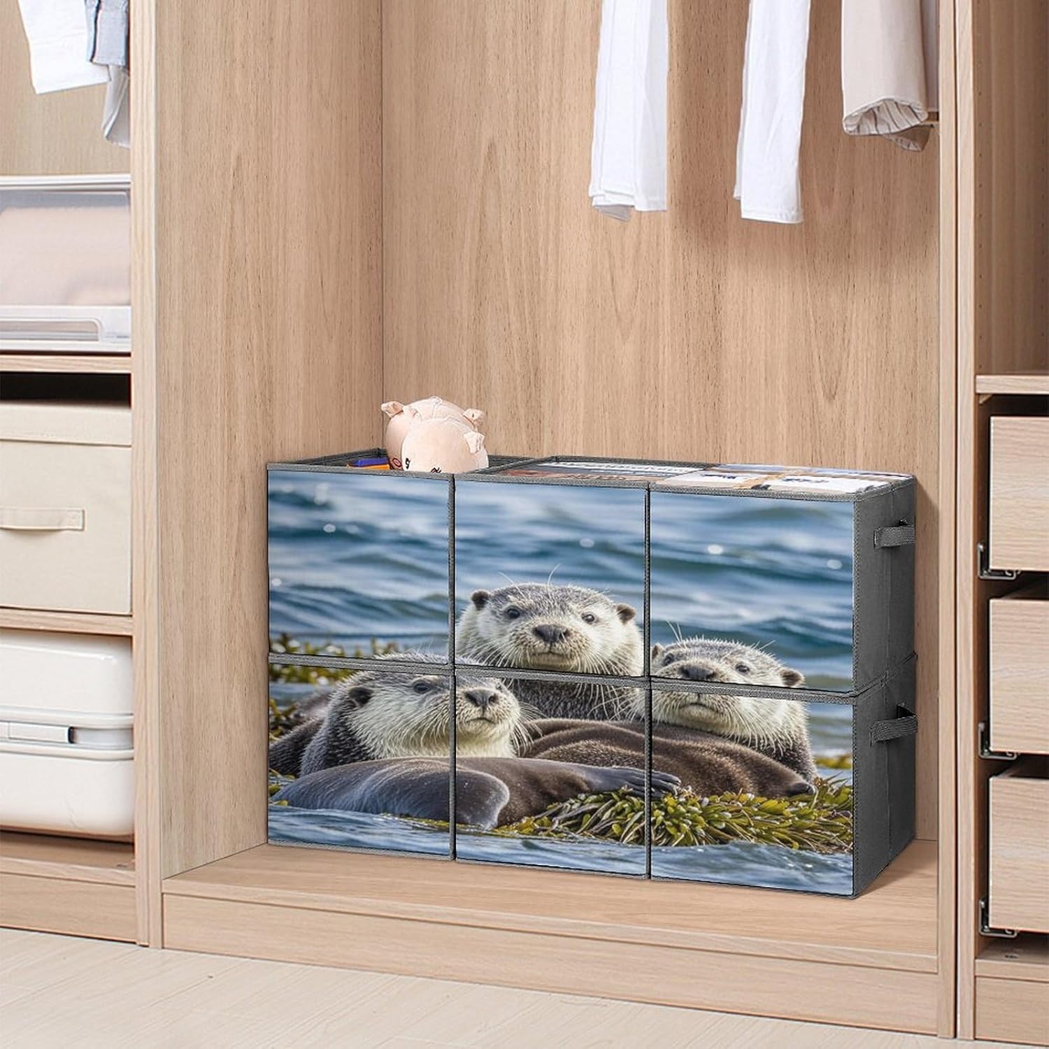 Multi Use Organizer Bins, Sea Otter Family Printed Storage Bins, Foldable Storage Baskets Are Suitable For Bedrooms, Offices, And Cars
