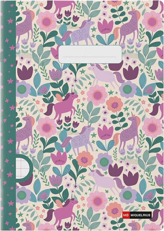 Miquelrius - Cahier agrafé A4 ligné, 48 feuilles papier extra opaque 70 g/m², reliure agrafée, couverture cartonnée plastifiée, garde imprimée, espace pour le nom, Flower