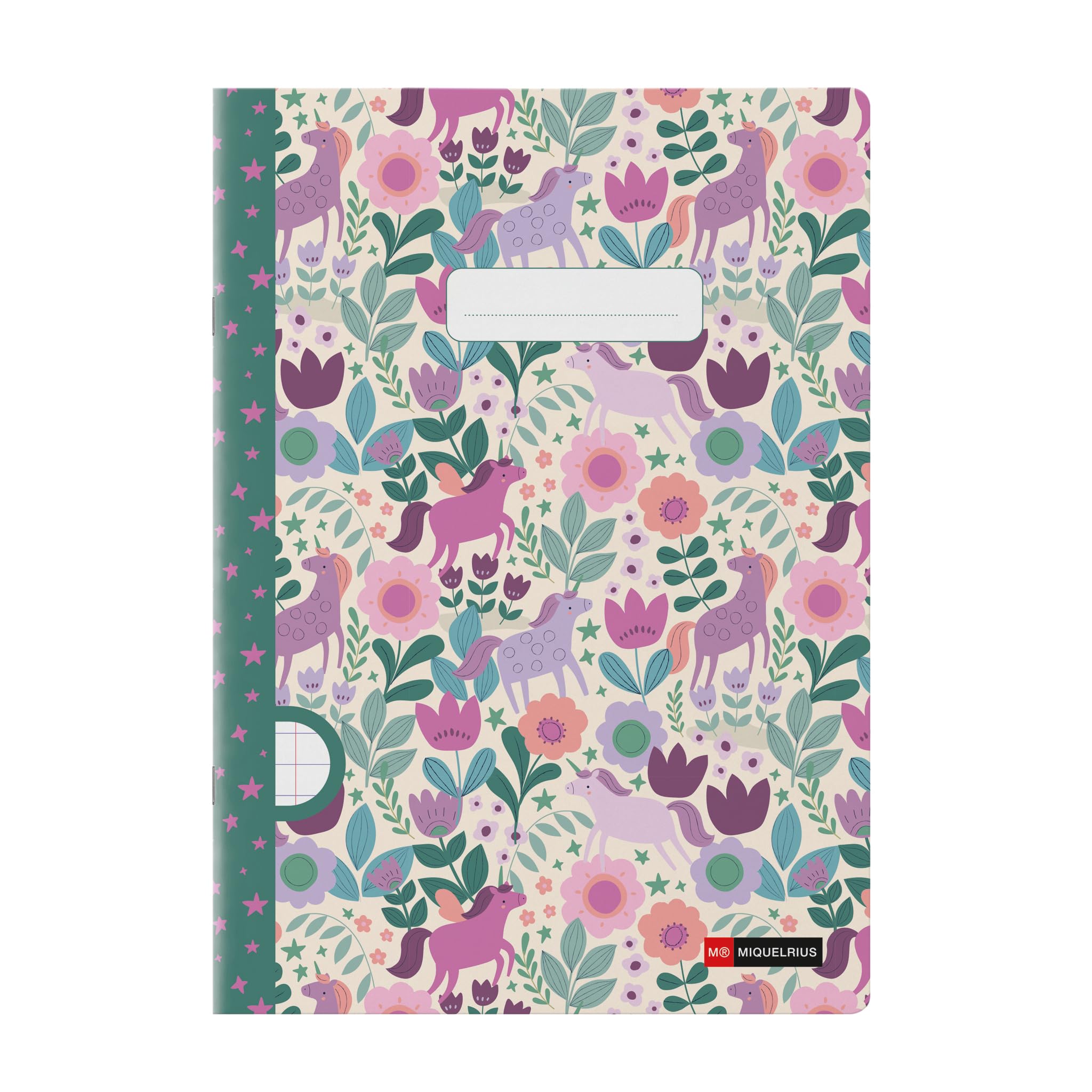 Miquelrius - Cahier agrafé A4 ligné, 48 feuilles papier extra opaque 70 g/m², reliure agrafée, couverture cartonnée plastifiée, garde imprimée, espace pour le nom, Flower