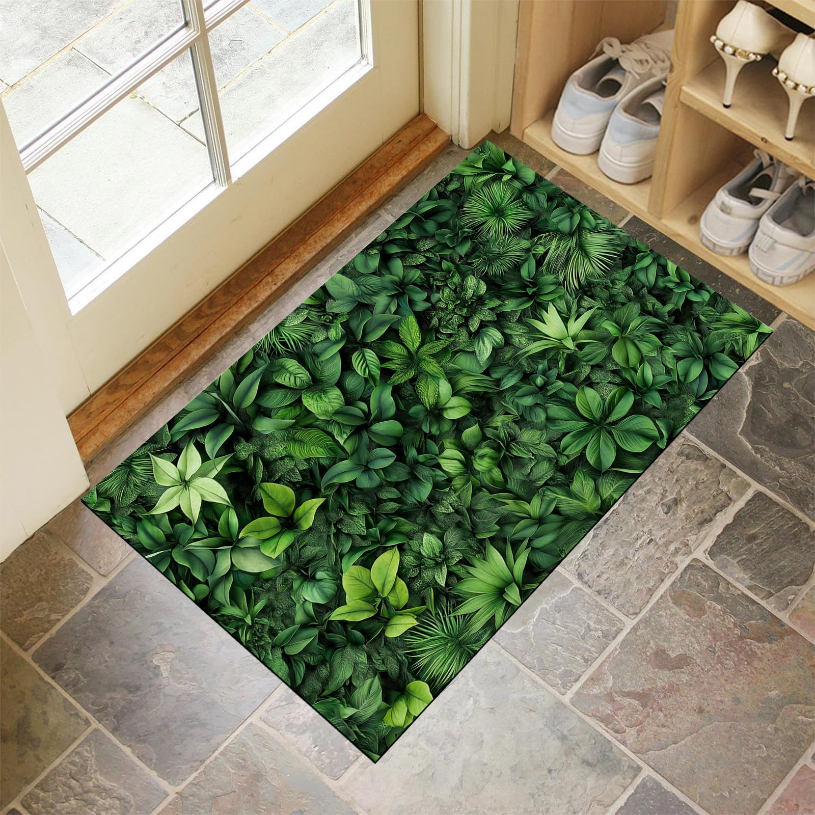 Paillasson 60x90cm avec motif feuilles vertes pour une entrée de balcon ou couloir élégante
