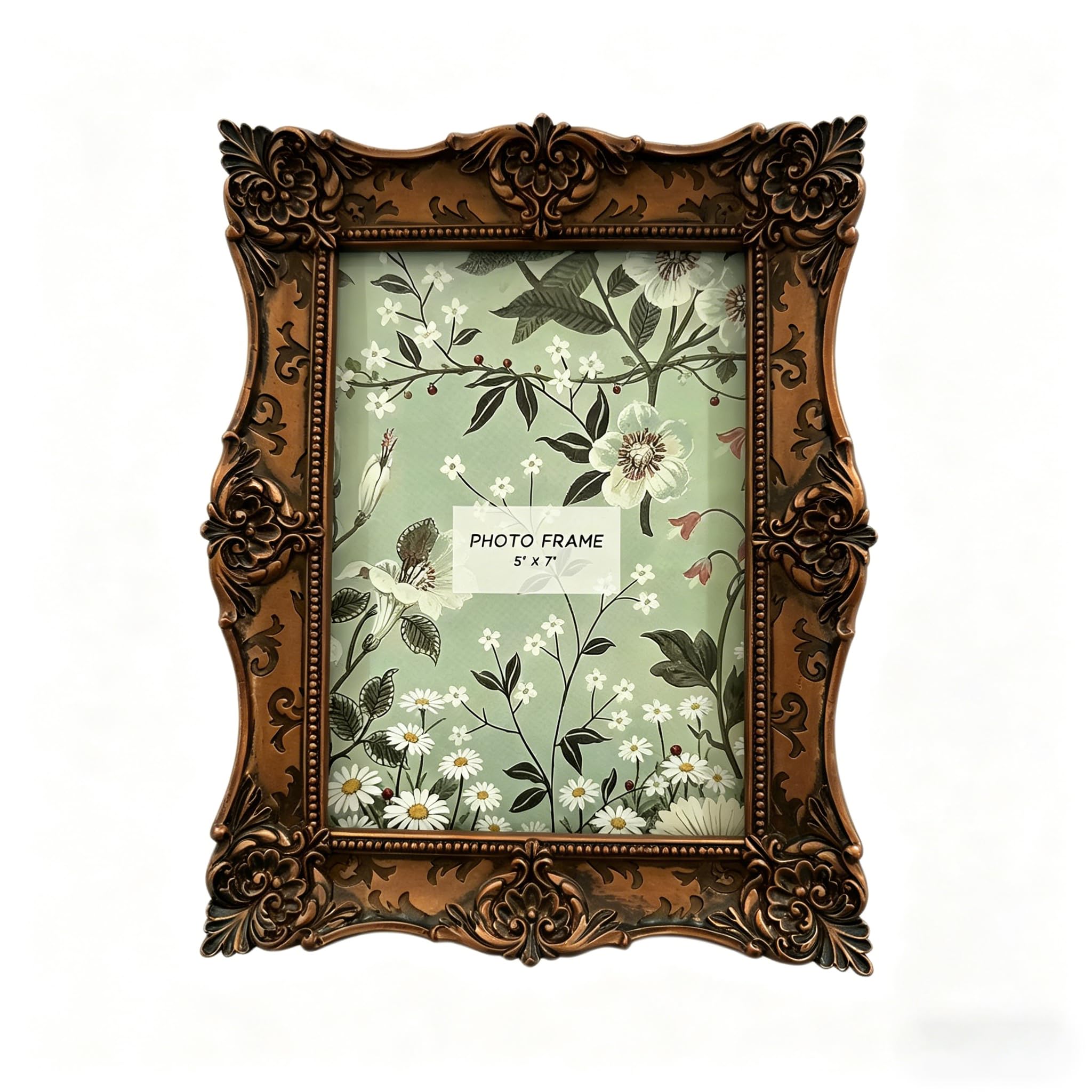 ZMG Vintage 5x7 Ornate Copper Resin Photo Frame, Baroque Style Faux Copper Picture Frame with Embossed Floral Carving, Retro Tabletop & Wall Mounted Decorative Frame for Home, Gallery, Wedding, Gift