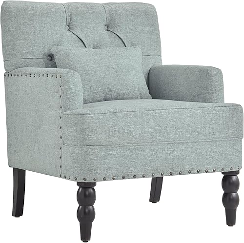 Miniatura 13 de HUIMO Silla de club copetuda, silla decorativa con almohada lumbar, sillón con botones de tela de lino, sillas tapizadas para dormitorio, sala de