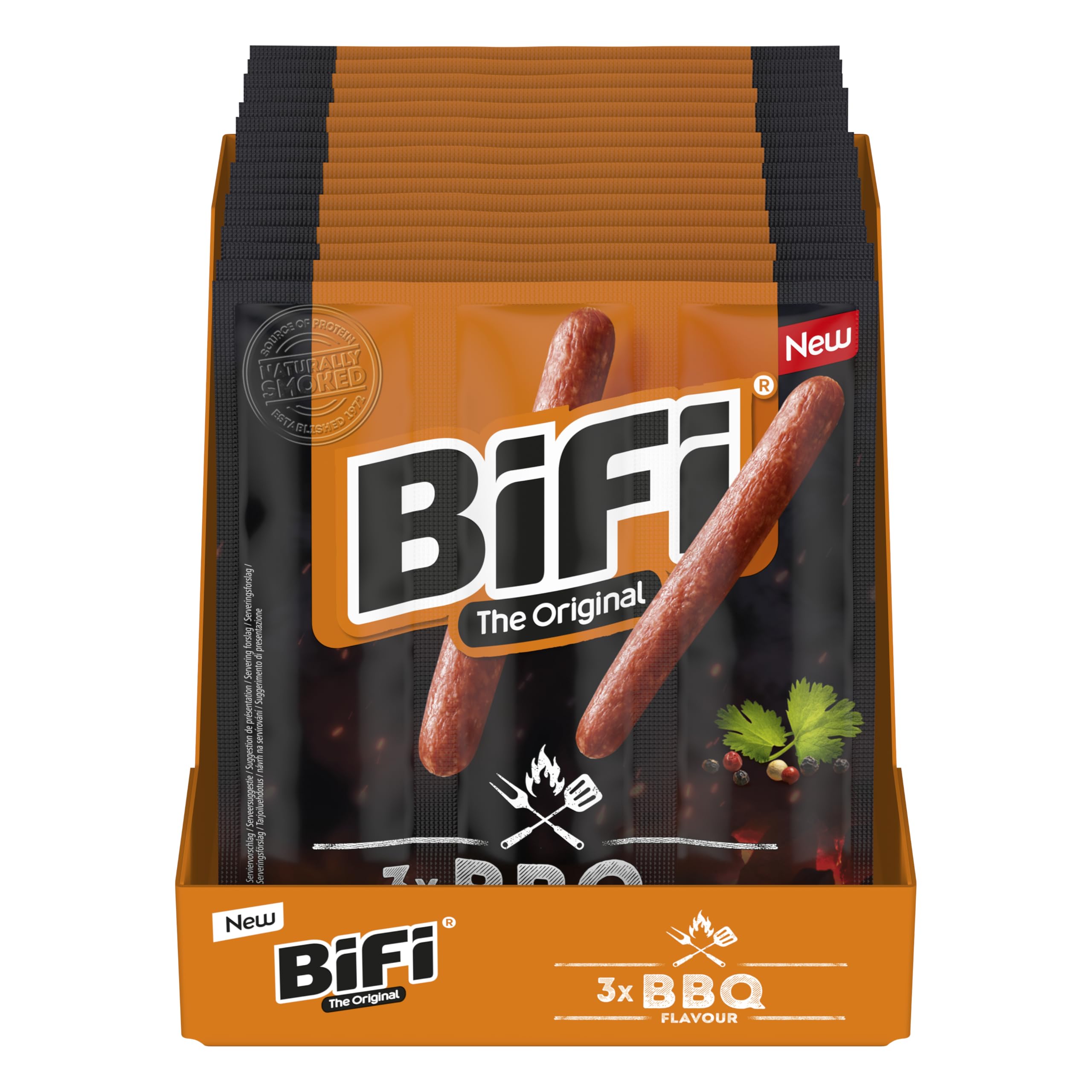 BiFi BBQ - 16er Pack (16 x 60g) - BBQ-Salami Sticks - Würziger Wurstsnack To Go - Geräuchert über Buchenholz - Optimal für unterwegs, im Büro oder nach dem Sport - mit rauchigem Barbecue-Geschmack