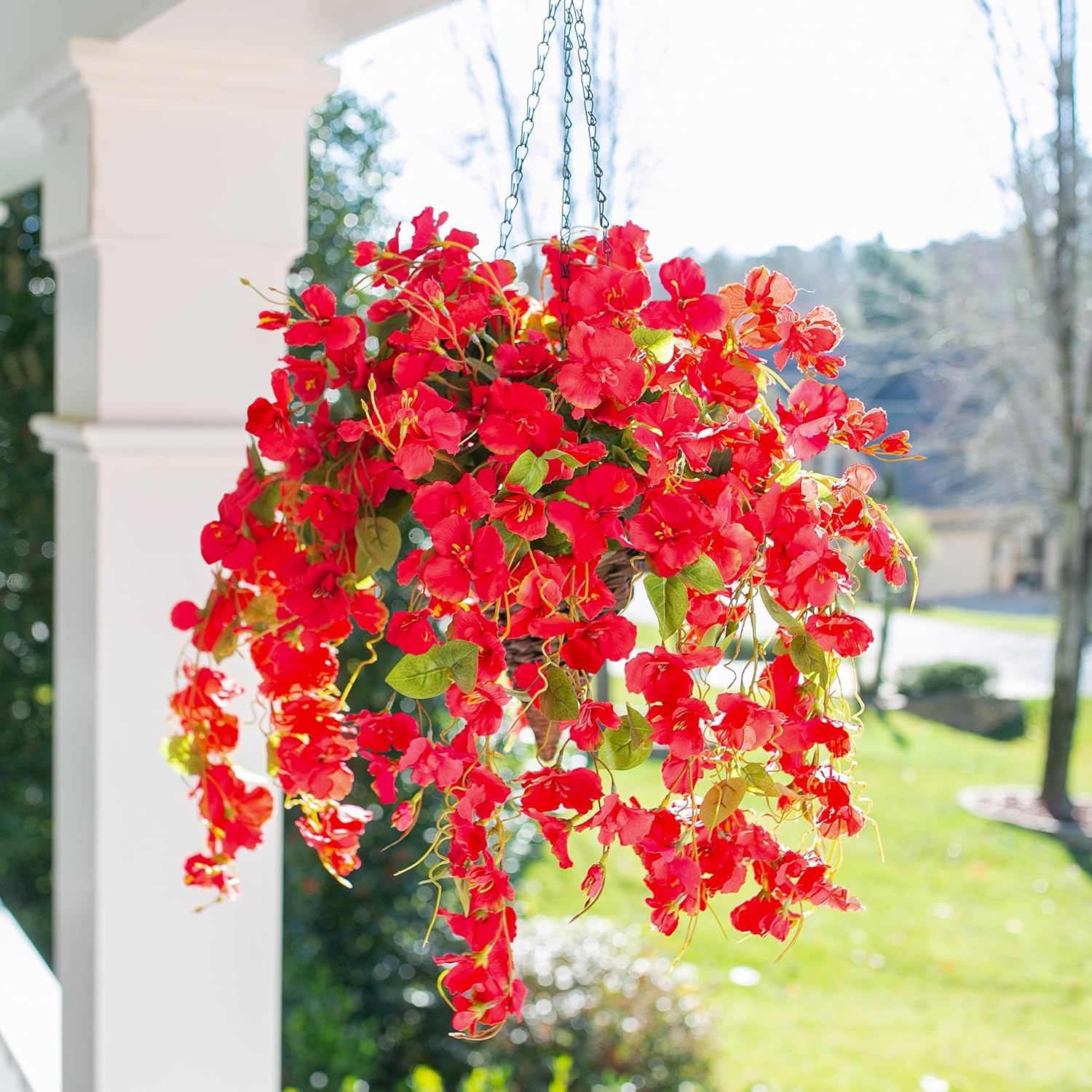 Artificial Hibiscus Fake Hanging Flowers Plants for Outdoors Spring Summer Decoration, 2pcs Red Silk Hibiscus Long Trailing Vines UV Resistant Realistic Faux Flower for Outside Front Door Porch Patio - Image 2