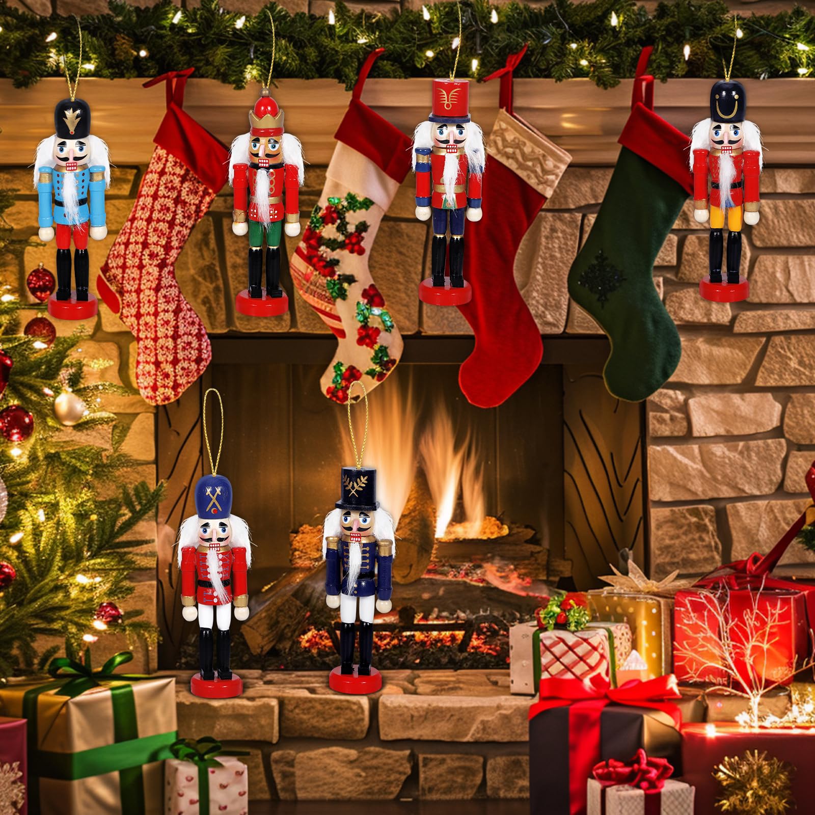 6 Pezzi Schiaccianoci Natale 13cm,Soldatino Schiaccianoci Natale Tradizionale in Legno Fatto Dipinto a Mano,Adatto per Essere Appeso,Per Albero,Decorazione per La Casa E Feste,Natalizi Regalo
