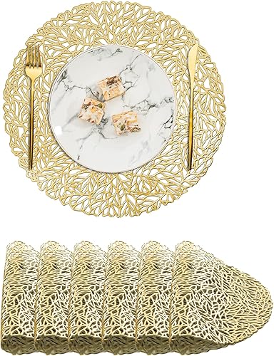 Miniatura 12 de BACKTOEDEN Juego de 6 manteles individuales redondos de color dorado claro, lavables, limpiables, resistentes al calor, manteles individuales de
