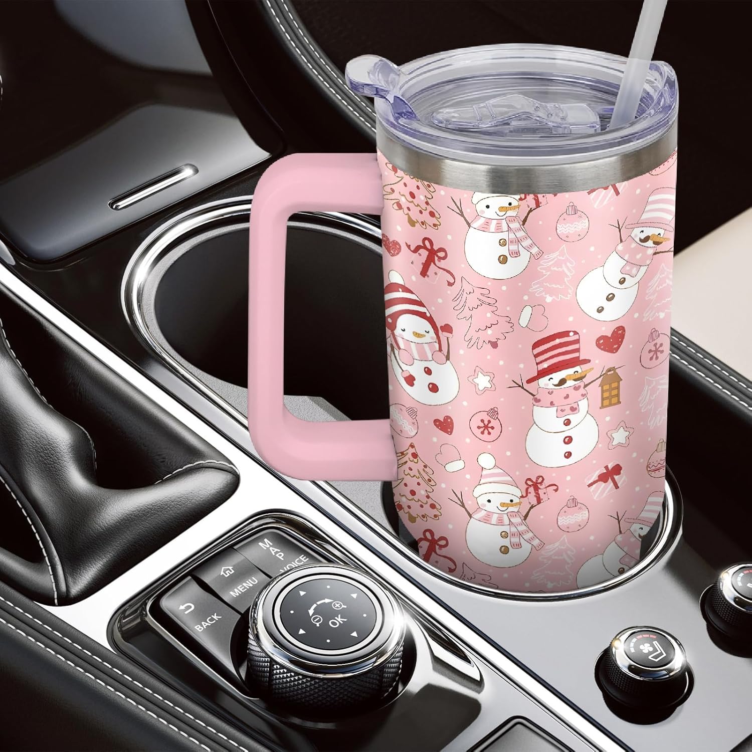 40oz Christmas Tumbler With Handle Lid and Straw, Stainless Steel Pink Xmas Snowman Insulated Coffee Cup, Christmas Gifts for Women/Mom/Daughter/Aunt/Girlfriend - Image 4