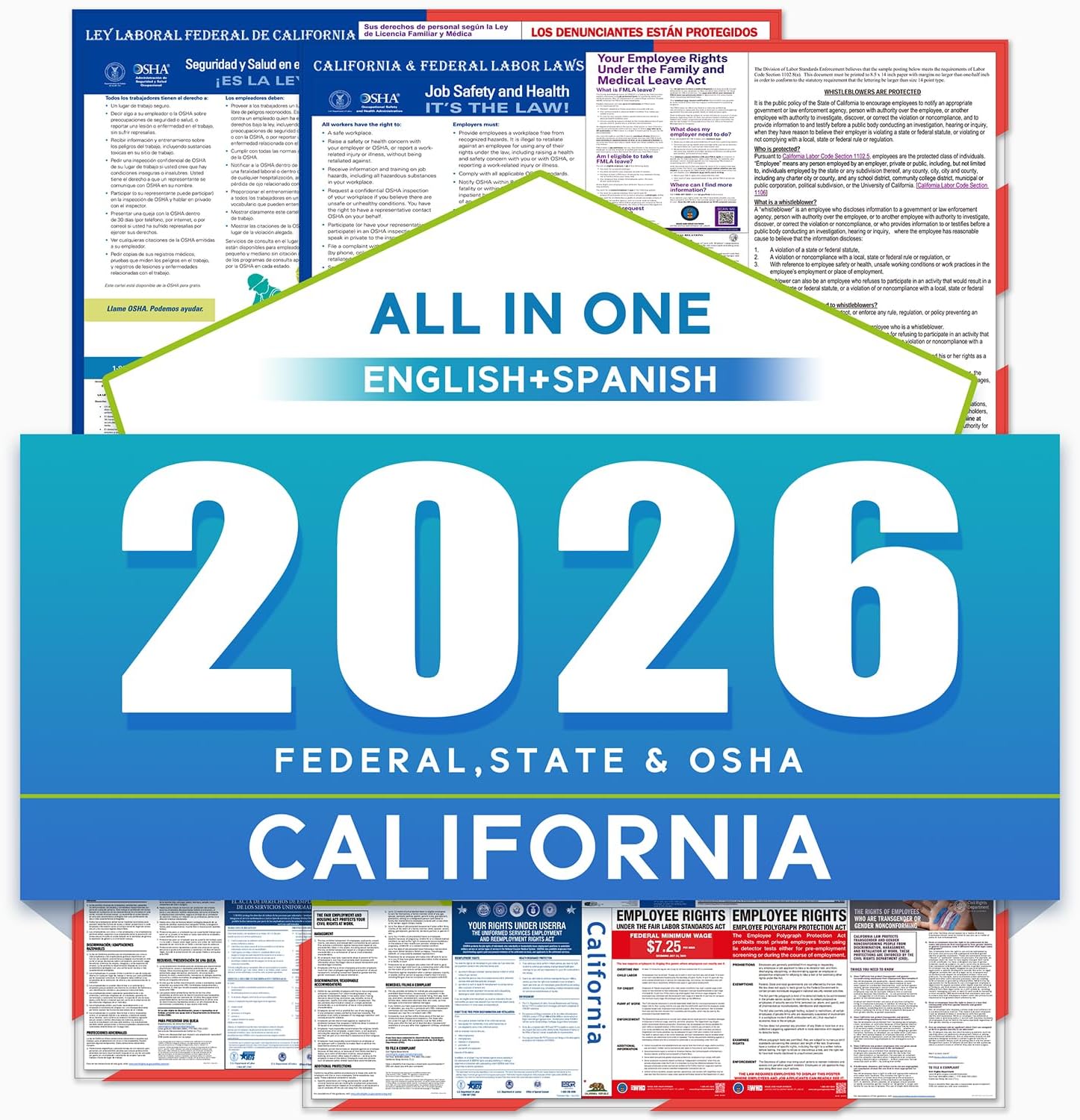 2026 California State and Federal Labor Laws Poster – OSHA Compliant Laminated 24" x 36" English and Spanish Bundle 2 Pack