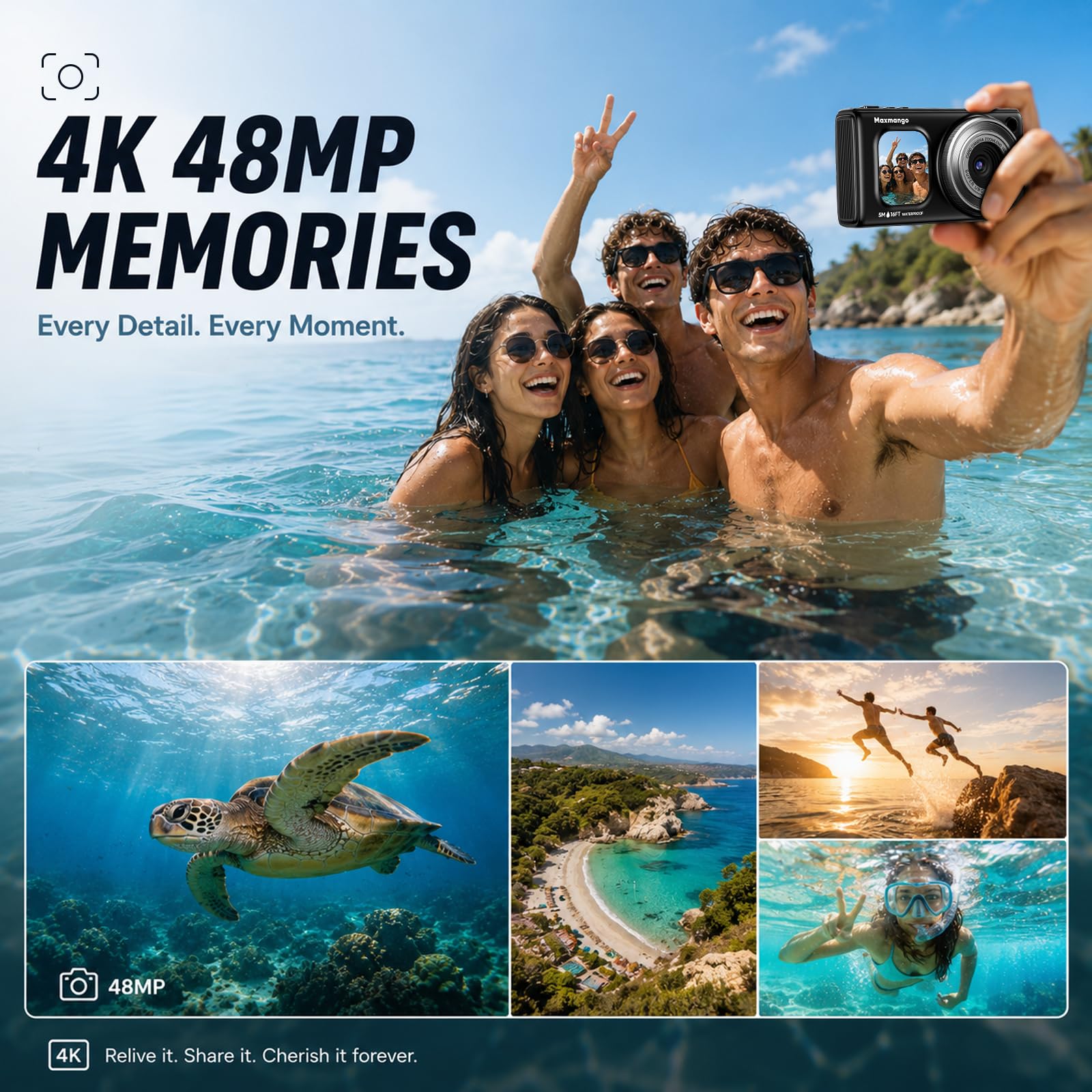 16FT Macchina Fotografica Subacquea, 4K 48MP Batteria Rimovibile 1500mAh | Maxmango D71 Fotocamera Impermeabile con Doppio Schermo, Zoom 18X, Autofocus per Snorkeling e Nuoto Surf, Nero(8GB）
