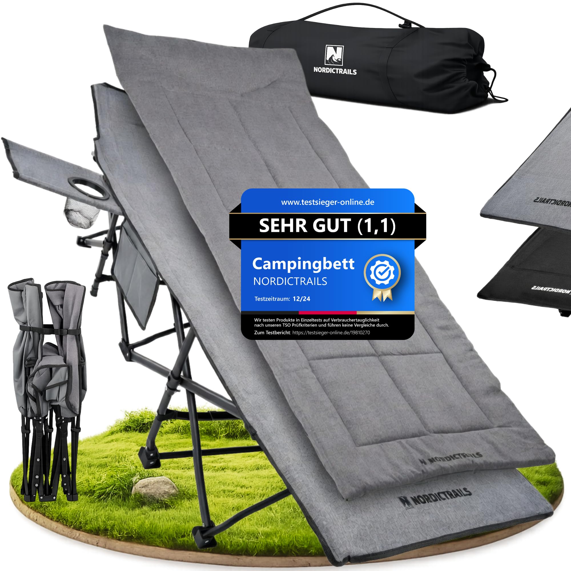𝐍𝐎𝐑𝐃𝐈𝐂𝐓𝐑𝐀𝐈𝐋𝐒 Feldbett klappbar [Campingbett] XXL Campingliege | Faltbar, leicht & breit für Outdoor | Gästebett klappbar, Liege, Klappbett, Angelliege, Camping Karpfenliege | Mit Auflage