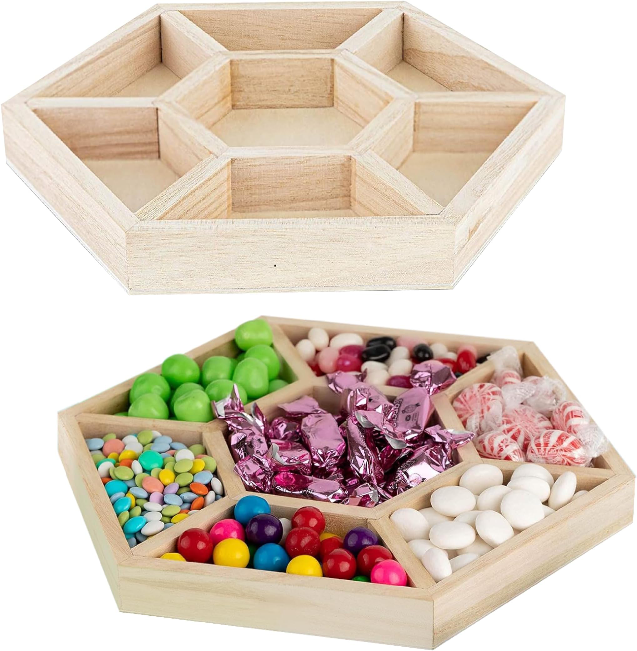 Hammont Hexagon Wooden Tray – 2-Pack – 10.5″ x 1″ – 7 Section Divided Serving & Snack Platter for Appetizers, Veggies, Montessori Activities