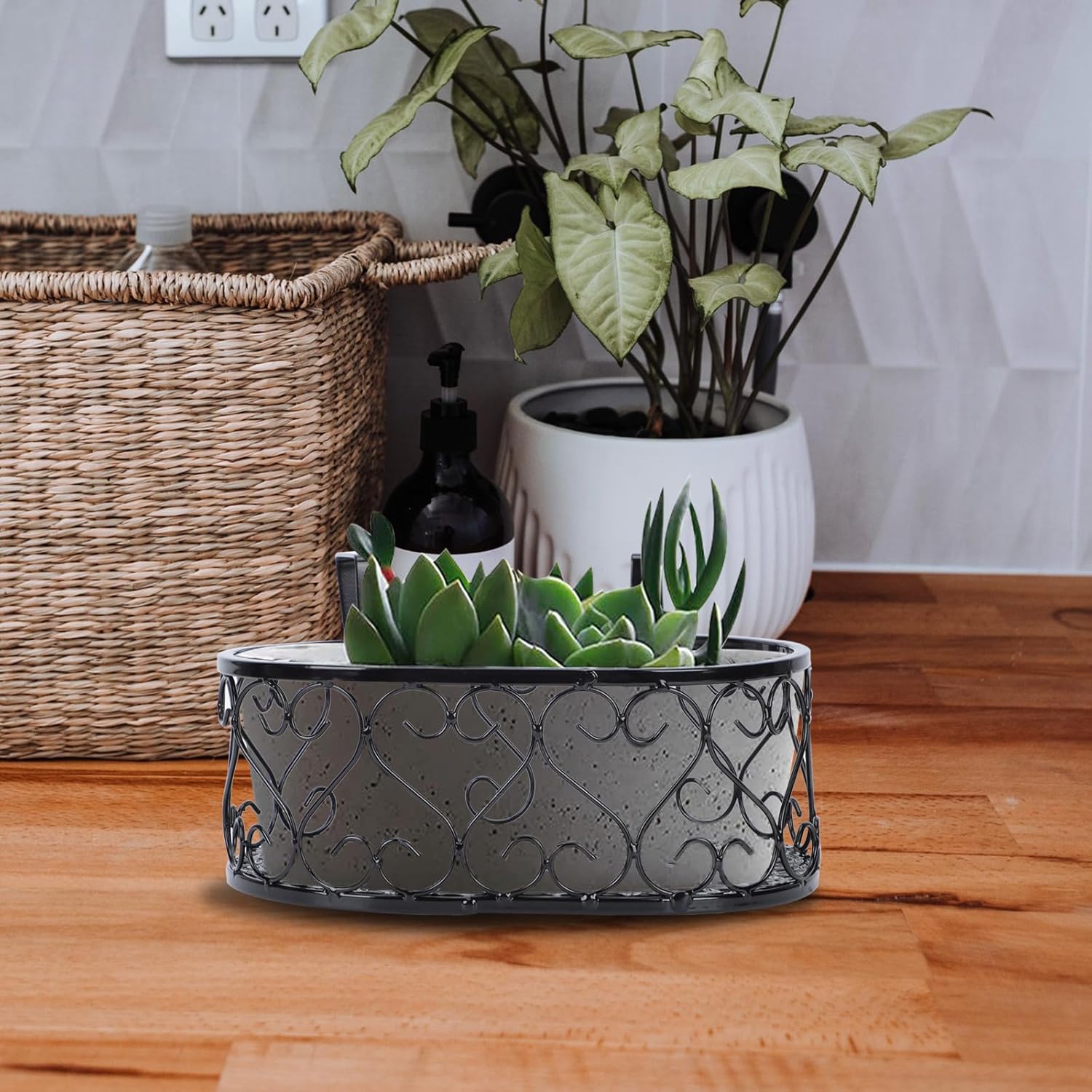 VANZACK Ironwork Hanging Plant Rack with 2 Hooks, Wall-mounted Rustproof Flowerpot Stand for Indoor Balcony Railing, 30x20x12cm Decorative Bonsai Holder