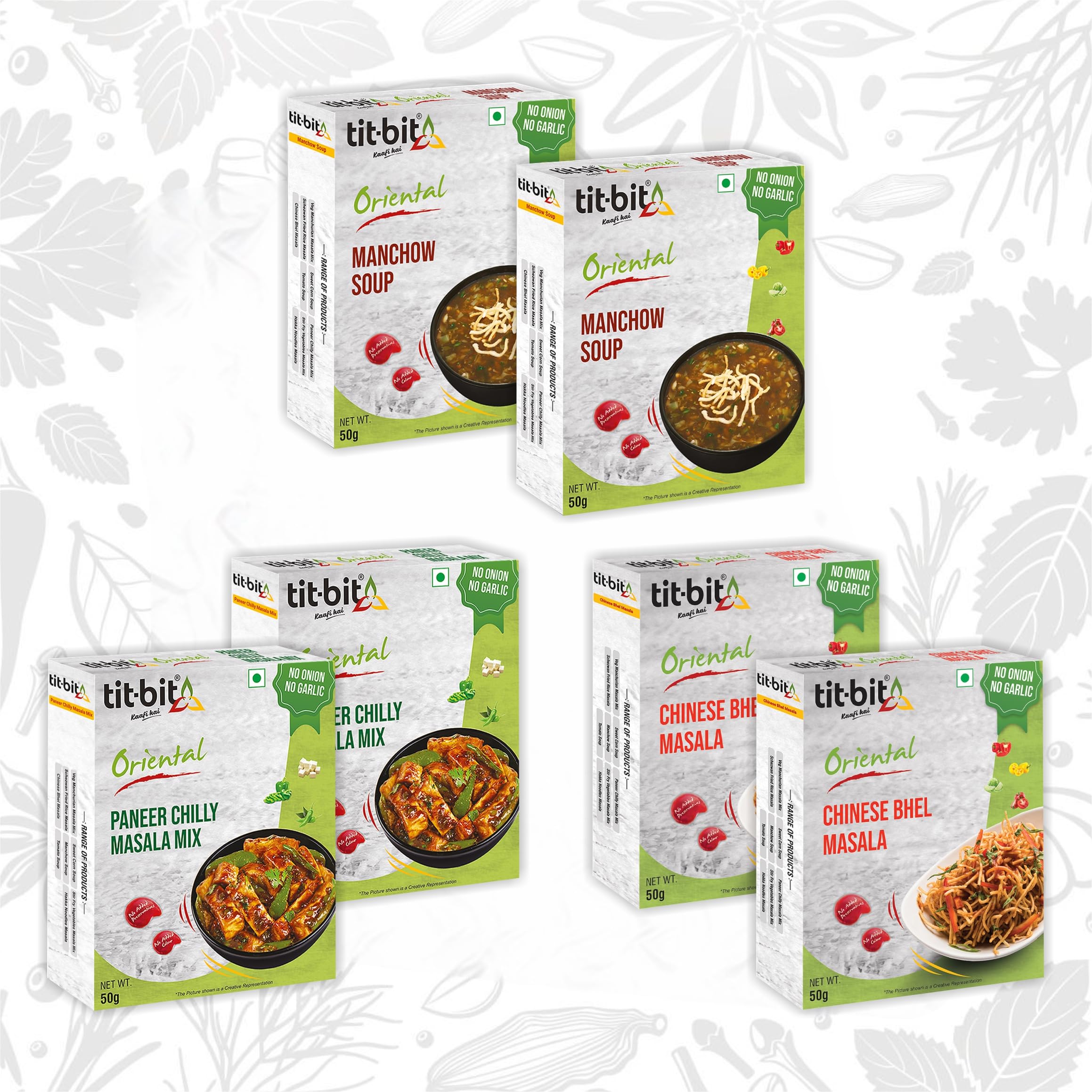 Tit-Bit No Onion No Garlic - Masala Combo - Paneer Chilly Masala, Chinese Bhel Mix & Manchow Soup Pack of 6 - Each Spices 2 Packs (300g)