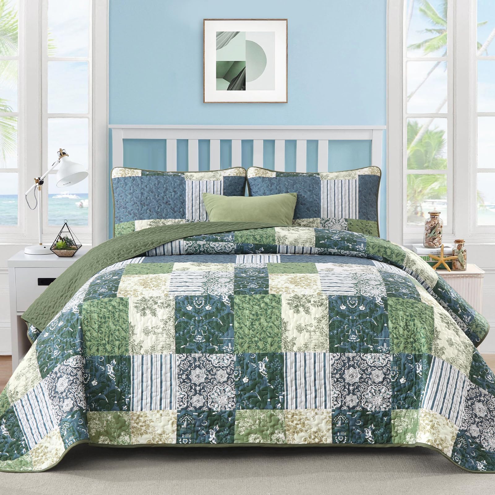 Drucon Green Patchwork Queen Quilt Set, Spring Summer Bedspreads Bedding Set, 3 Pieces Lightweight Soft Plaid Coverlet with 2 Pillow Shams for All