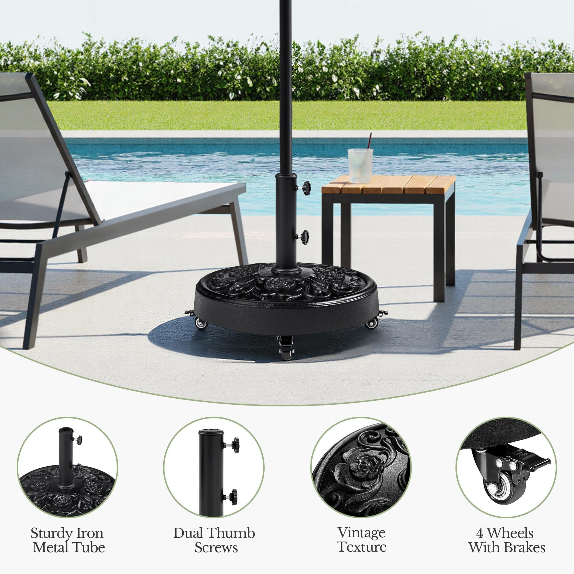 Yaheetech 25 kg Garden Parasol Base with Wheels, Resin Heavy Duty Umbrella Stand Holder, Outdoor Patio Umbrella Base Fits 34/38/48MM Poles with Rose Design Black — view 5