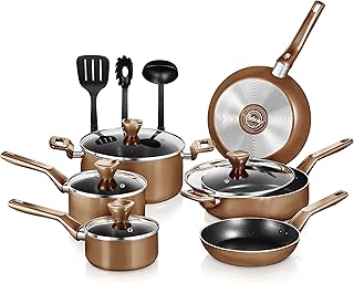 13-Piece Nonstick Kitchen Cookware Set - PTFE/PFOA/PFOS-Free Heat Resistant Kitchen Ware Pots Pan Set w/Saucepan, Frying Pans, Cooking Pots, Casserole, Lids, Ladle, Fork, Strainer, Brown-NCCWA13BR