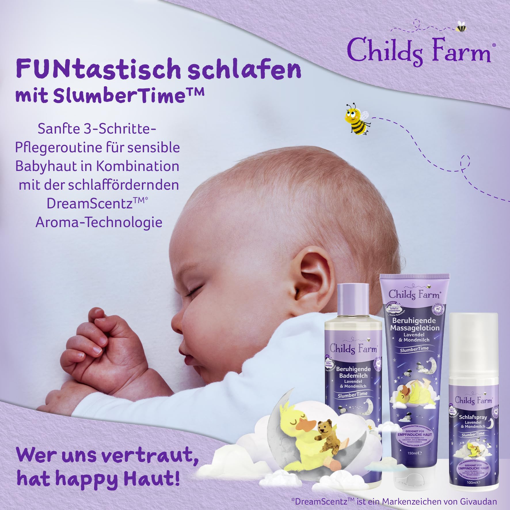 Childs Farm SlumberTime uspokajające mleczko do kąpieli, lawendowe i księżycowe, 250 ml, delikatne kąpiele piankowe przed snem, dla wrażliwych lub skłonnych do egzemy noworodków, skóry niemowląt i