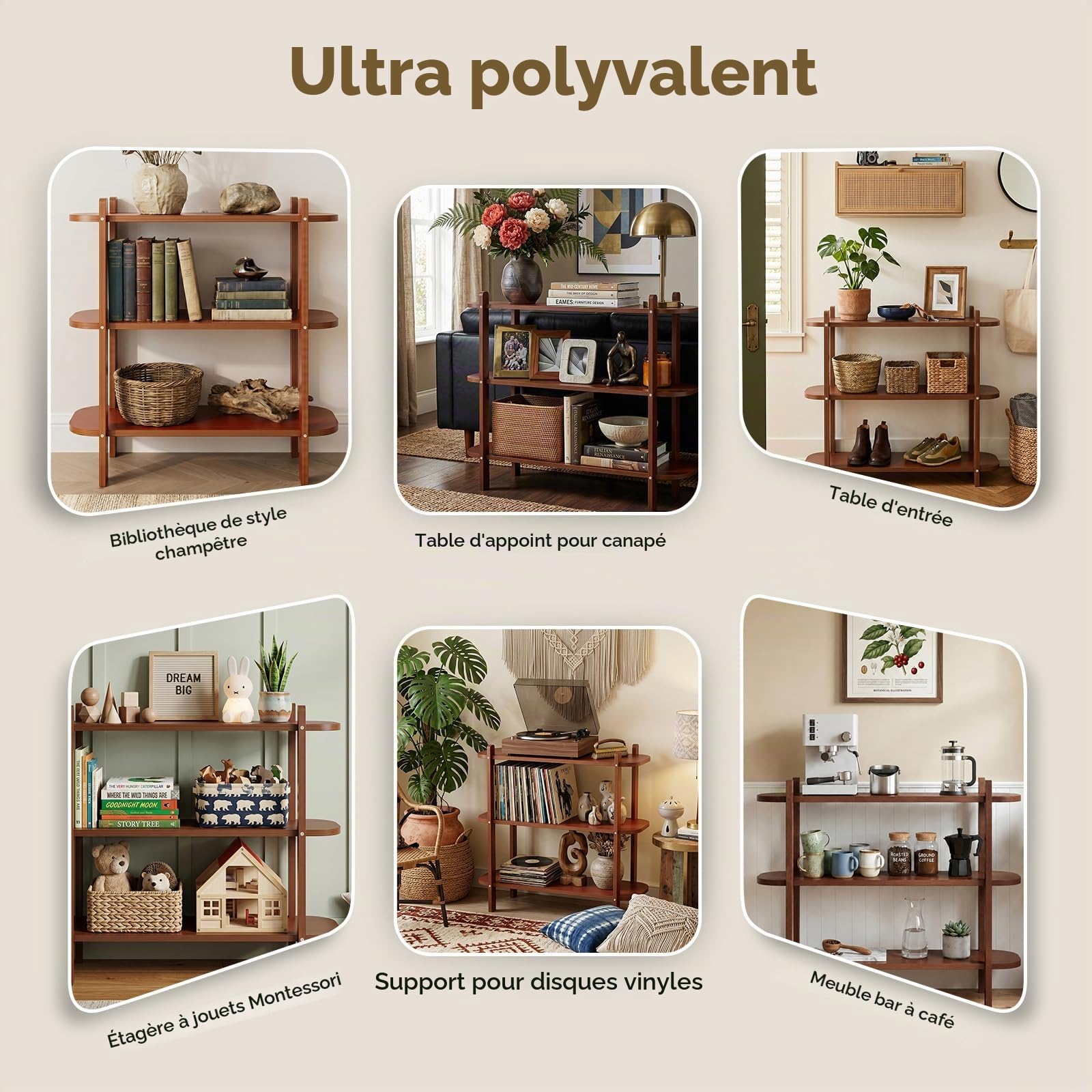 Étagère sur pied en bois à 3 niveaux, étagère en vinyle, étagère pour tourne-disque aspect noyer, étagère ouverte en bois pour le salon, support de lecteur de disques avec espace de