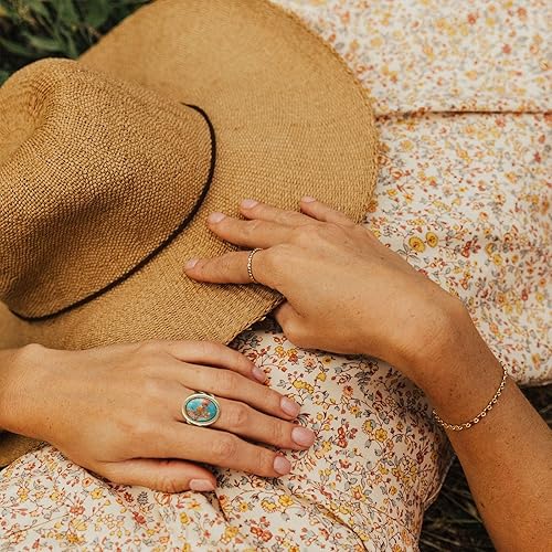 Miniatura 3 de HZMAN Anillo abierto turquesa natural, estilo palacio vintage, ajustable, de latón antiguo, grueso, joyería hecha a mano para mujer