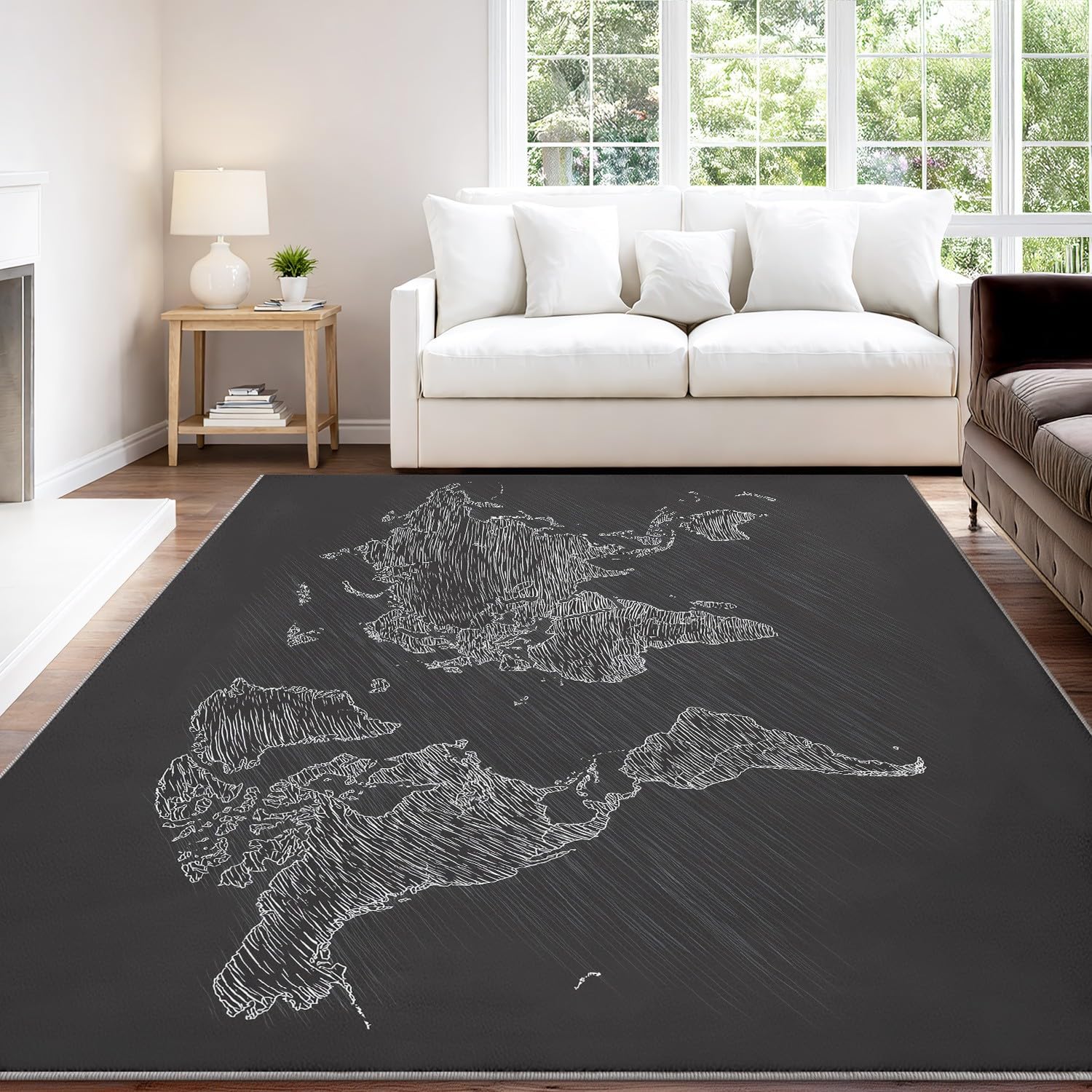 Generisch Dywan dla miłośników podróży, 120 x 160 cm, minimalna mapa świata, czarny, sztuka, miękka mikrofibra, nadaje się do prania w pralce, do salonu, sypialni, kuchni i jadalni
