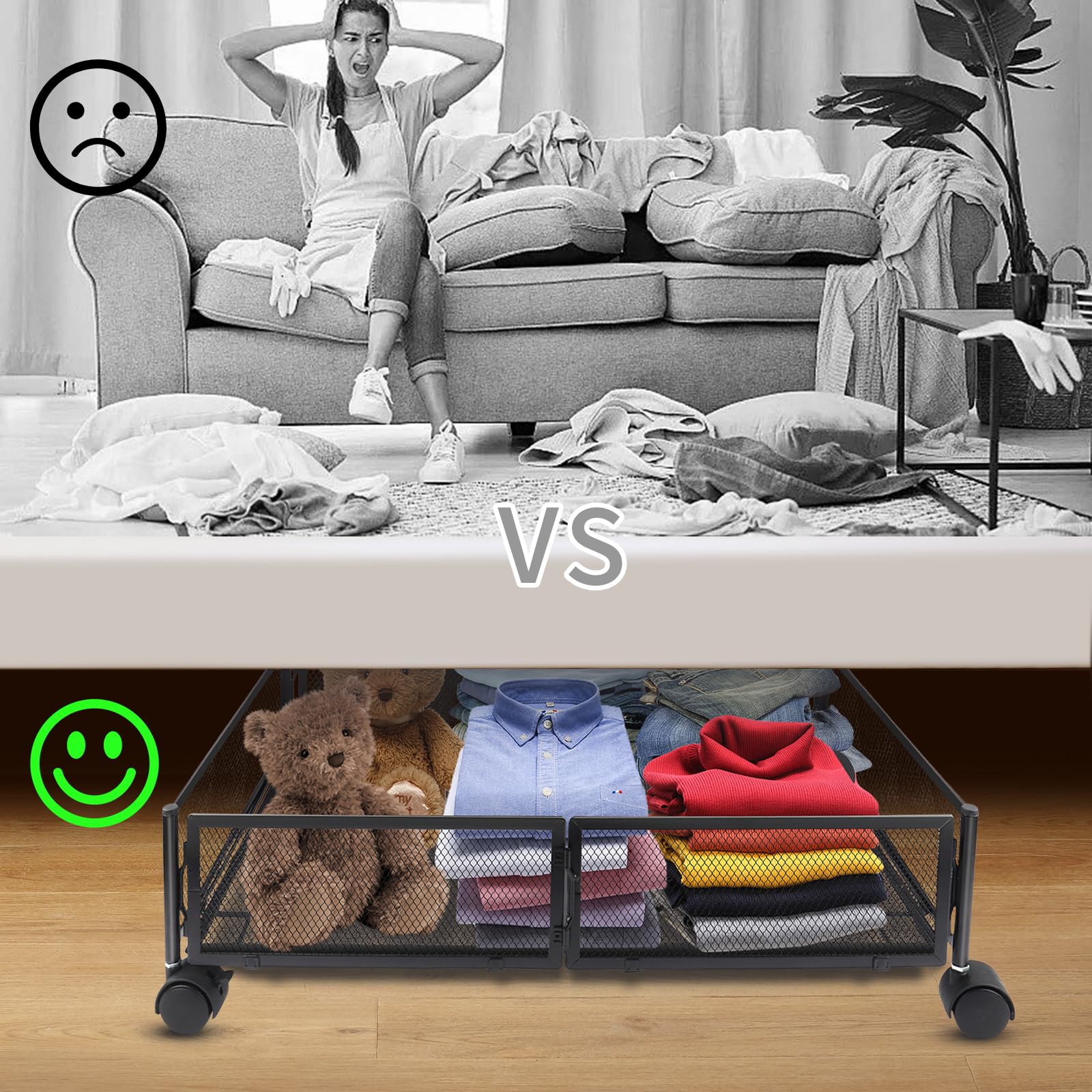 2 P portaoggetti sotto letto con rotelle, scatola portaoggetti sotto letto, cassettiera sotto letto pieghevole in metallo, scatole portaoggetti sotto letto per sotto divano, sotto tavolo (60 x 40 x 17