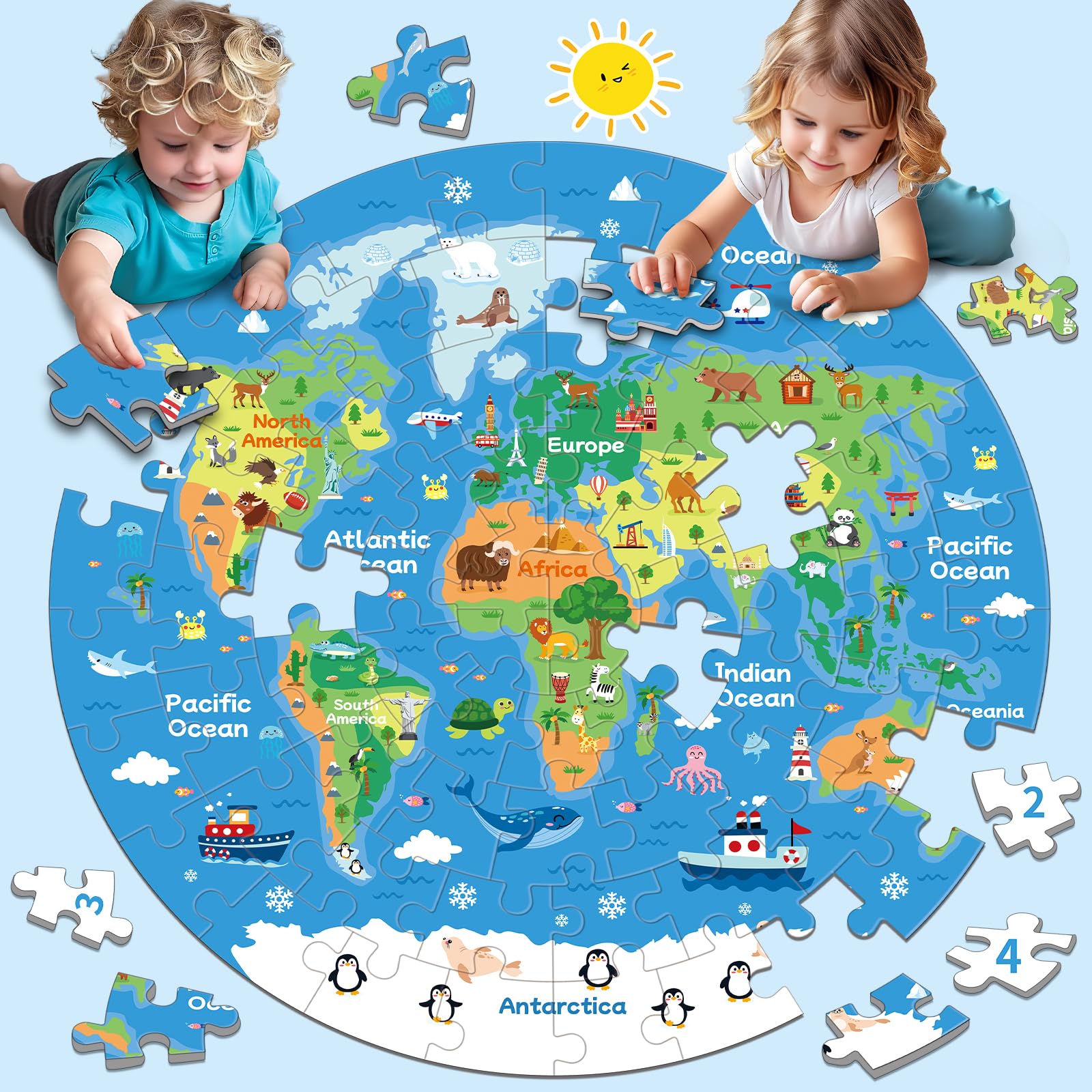 Amazon | 72ピース 世界地図 ジグソーパズル 子供用 3-5、4-6 地球儀