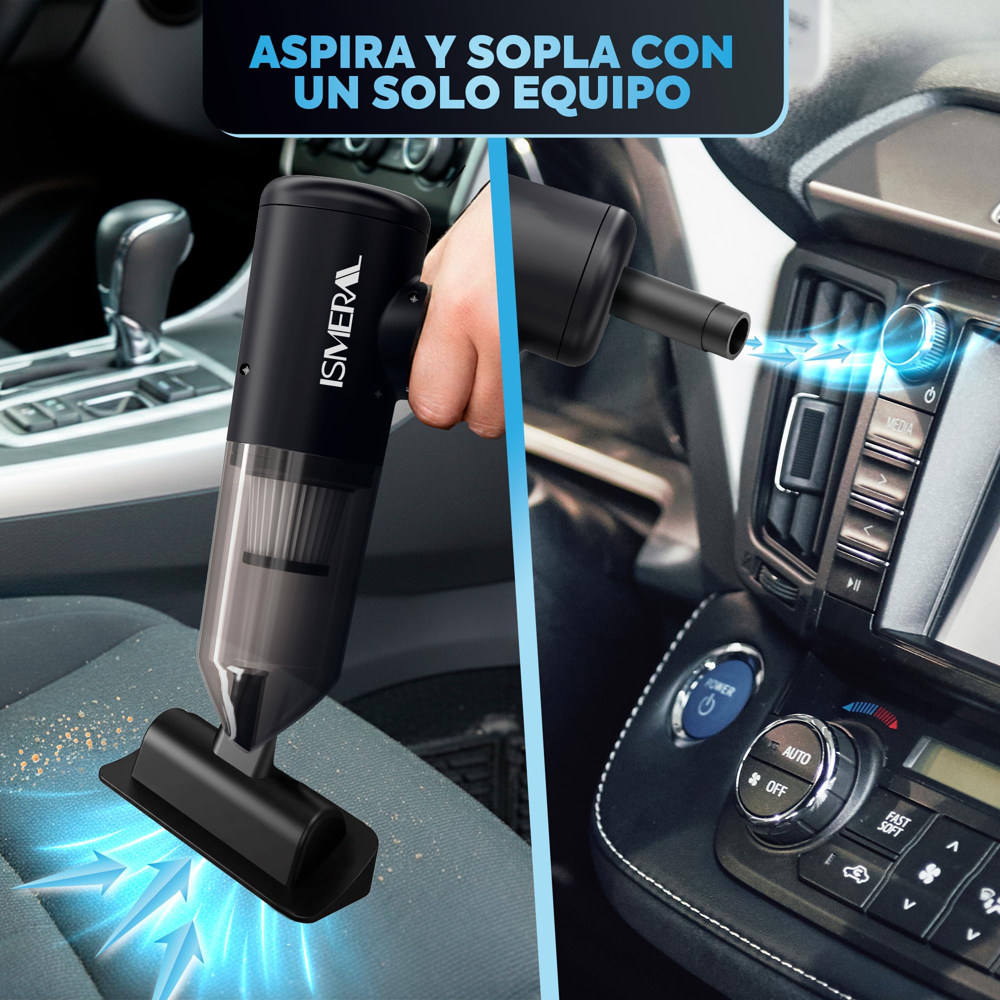 SUPER Aspirador de Mano, 26000Pa , 2 en 1 Soplador- Aspirador coche + 7 boquillas Aspiradora de Mano sin Cable , para Coche Oficina Hogar Cocina Pelo de Mascota, aspirador coche potente recargable